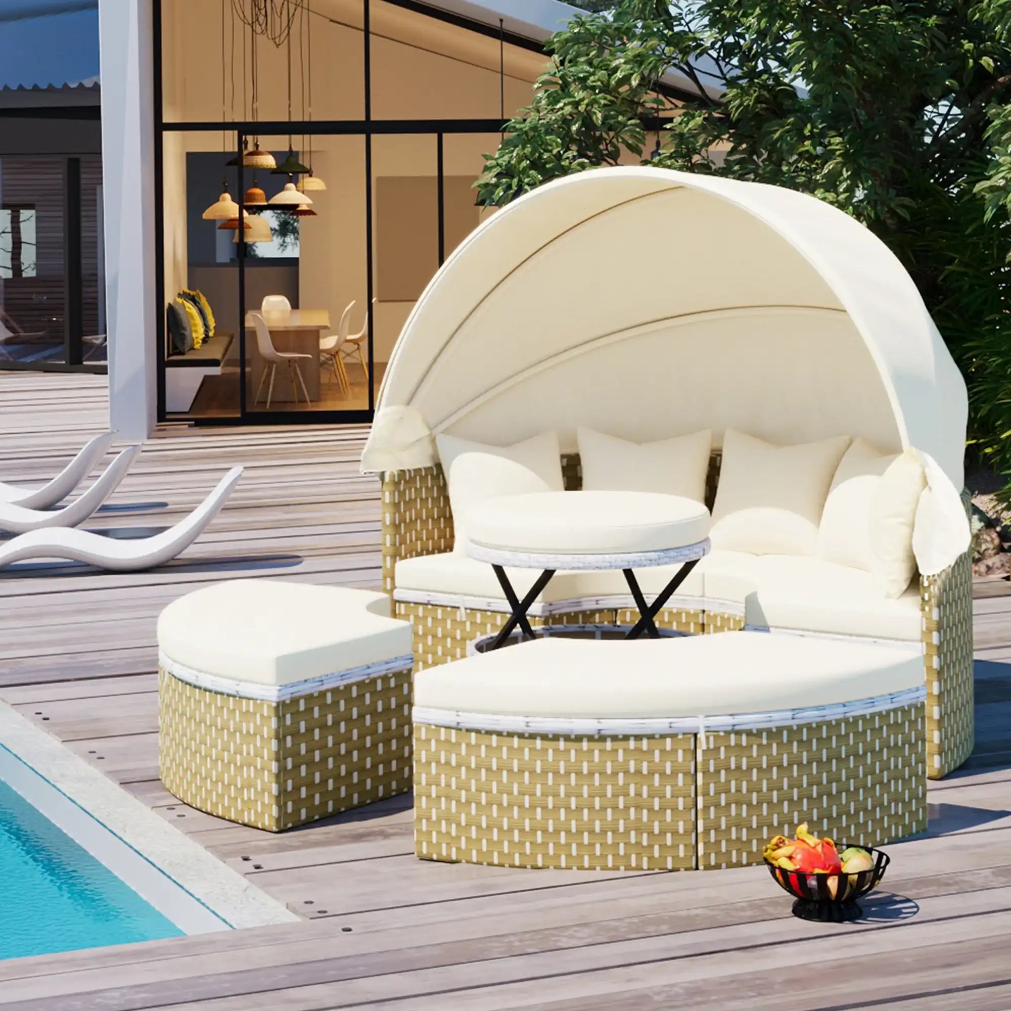 TOPMAX Round Outdoor Sectional Sofa Set Rattan Daybed - Best Buy Furniture