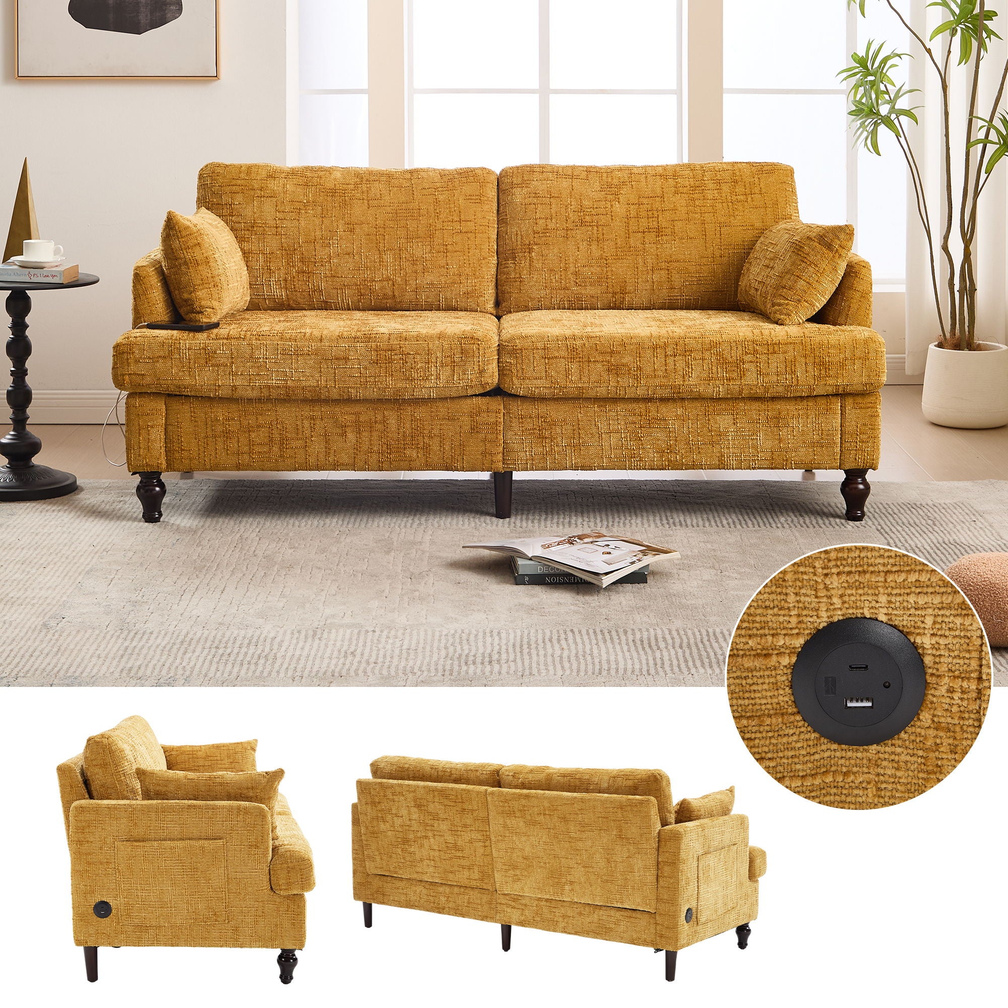 Chenille 2 Seater Sofa With LED Light, USB Charging Port, And Storage Bag - Best Buy Furniture