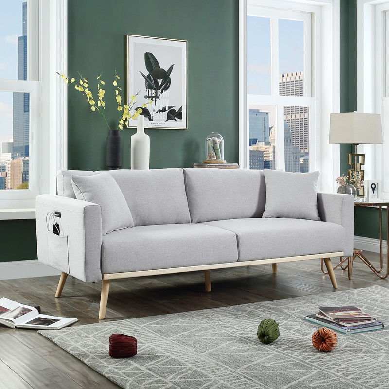 Easton - Linen Fabric Sofa With USB Charging Ports Pockets And Pillows - Best Buy Furniture