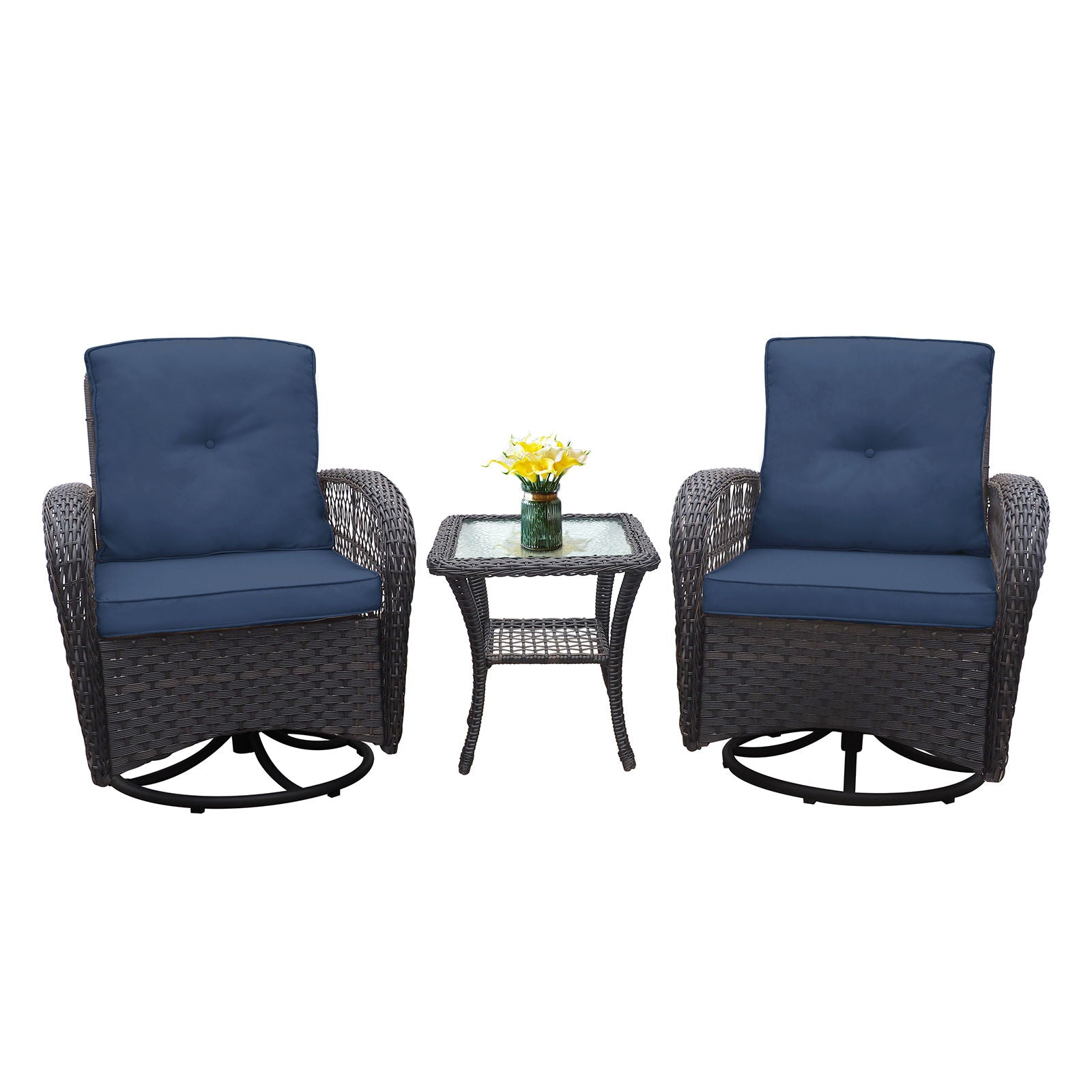 3 Pieces Conversation Set, Outdoor Wicker Rocker Swivel Patio Bistro Set, Rocking Chair With Glass Top Side Table - Best Buy Furniture