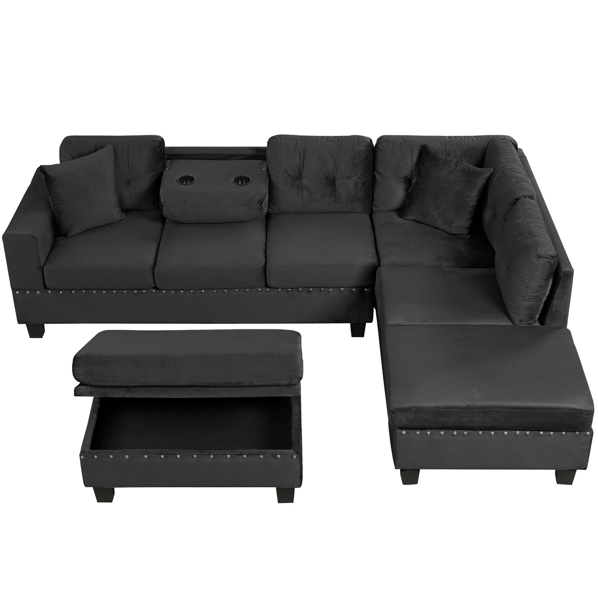 Modern Sectional Sofa With Storage Ottoman, L - Shape Couch With 2 Pillows And Cup Holders - Best Buy Furniture
