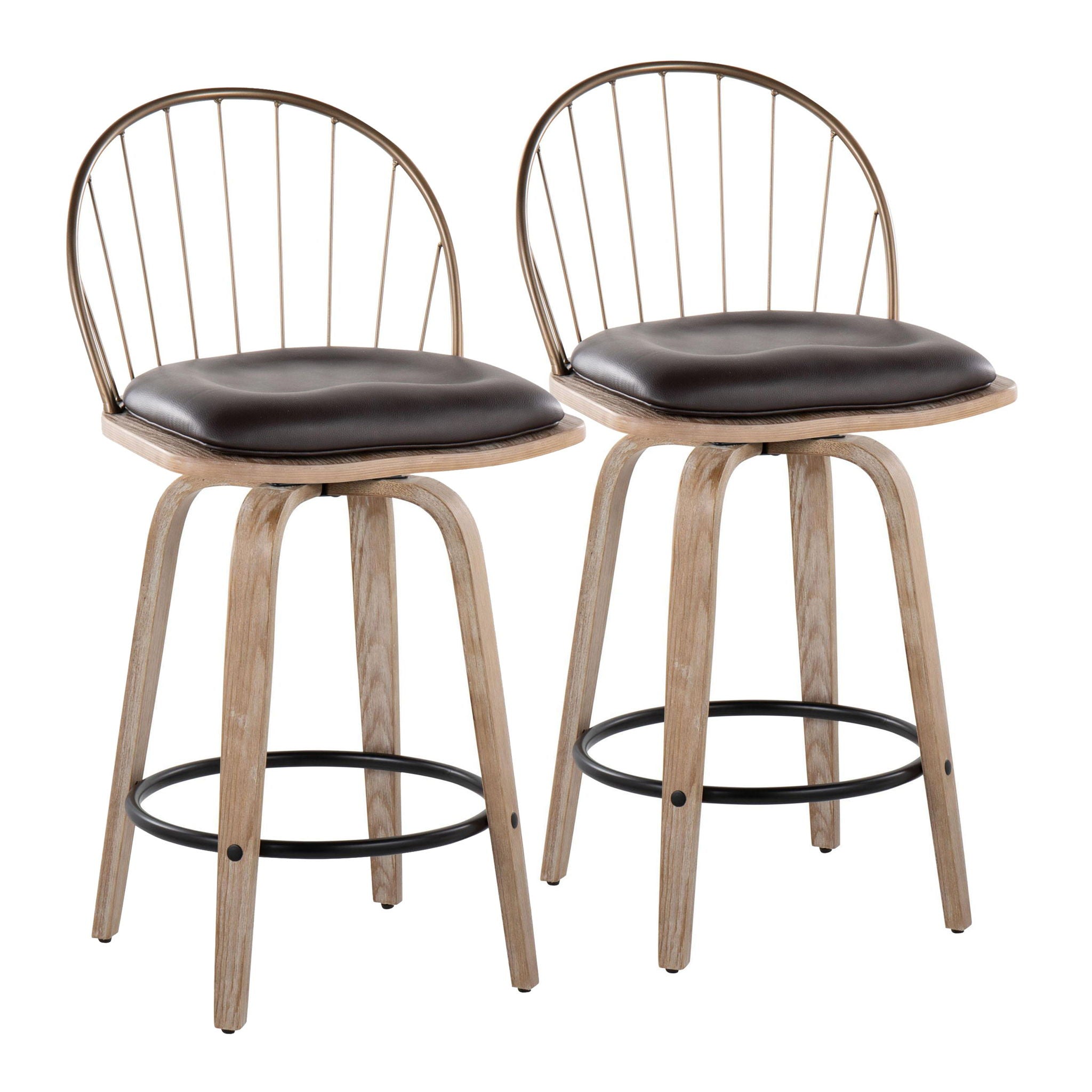 Riley - Farmhouse Fixed Height Counter Stool Round Footrest With Removable Cushion (Set of 2) - White Washed / Antique Copper / Brown - Best Buy Furniture
