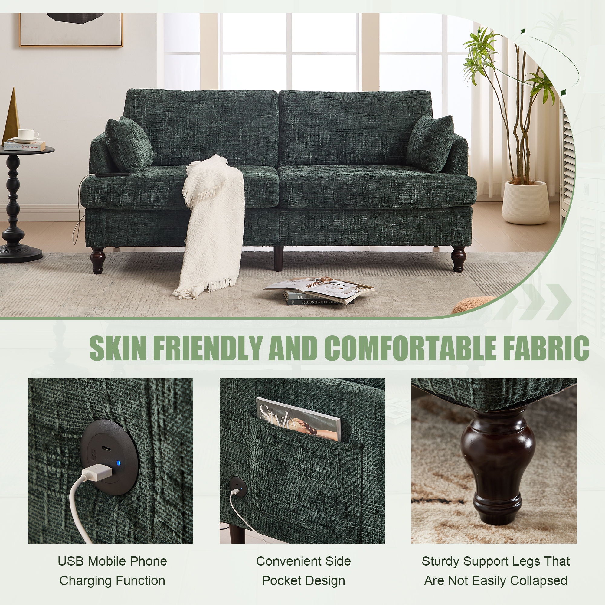 Chenille 2 Seater Sofa With LED Light, USB Charging Port, And Storage Bag - Best Buy Furniture