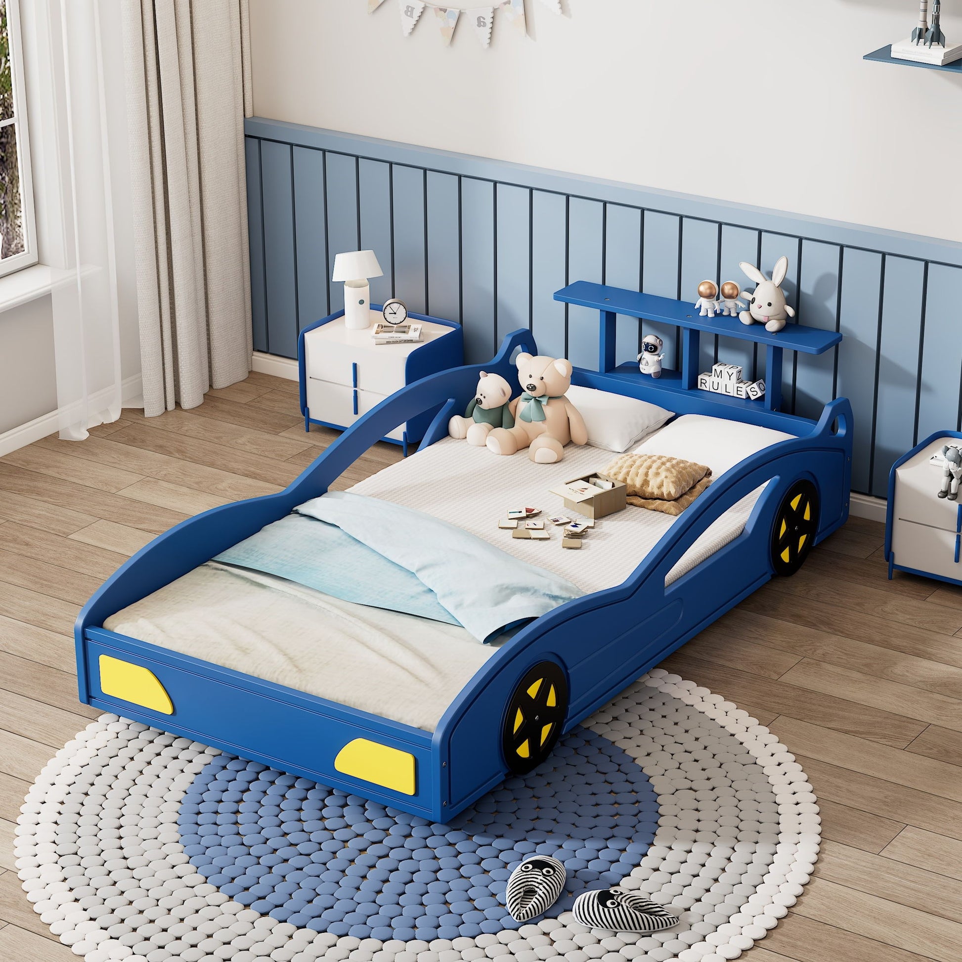 Wooden Race Car Bed, Car Shaped Platform Twin Bed With Wheels For Teens - Best Buy Furniture