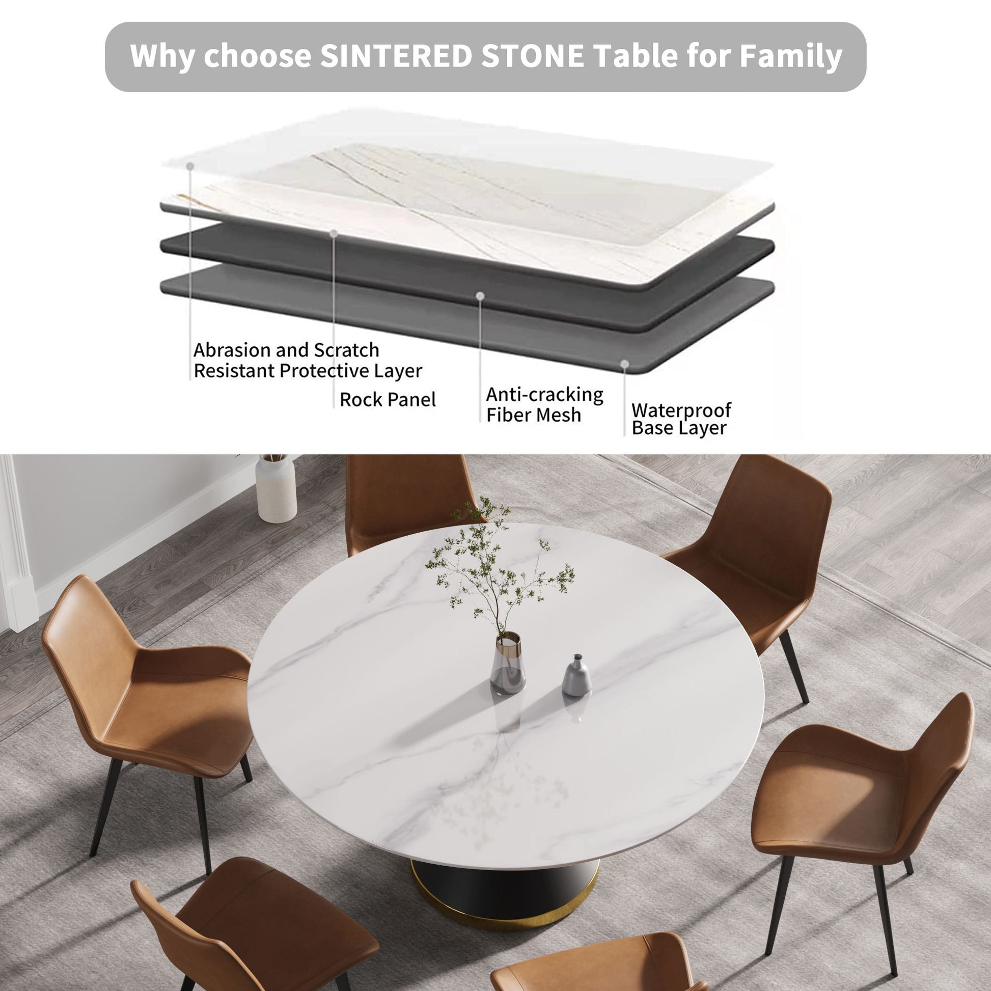 Modern Artificial Stone Round Carbon Steel Base Dining Table, Can Accommodate 6 People - Best Buy Furniture