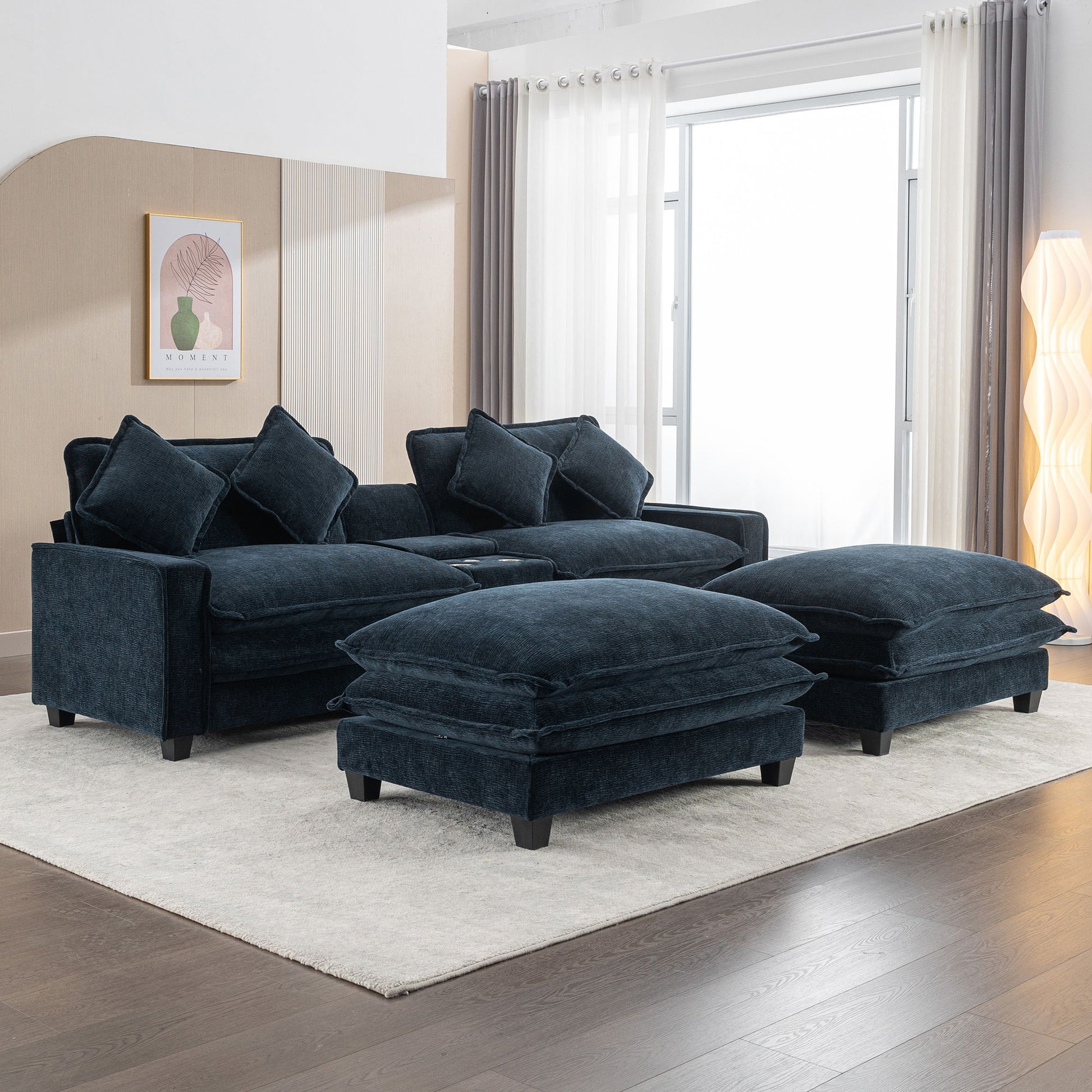 Sectional Sofa Chenille Upholstered Sofa With Two Removable Ottoman, Two USB Ports, Two Cup Holders And Large Storage Box For Living Room - Best Buy Furniture