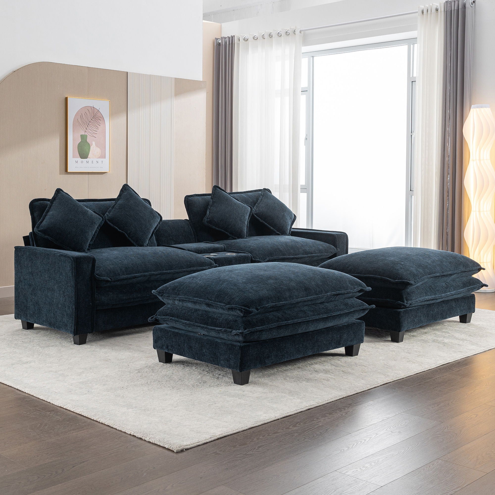 Sectional Sofa Chenille Upholstered Sofa With Two Removable Ottoman, Two USB Ports, Two Cup Holders And Large Storage Box For Living Room - Best Buy Furniture