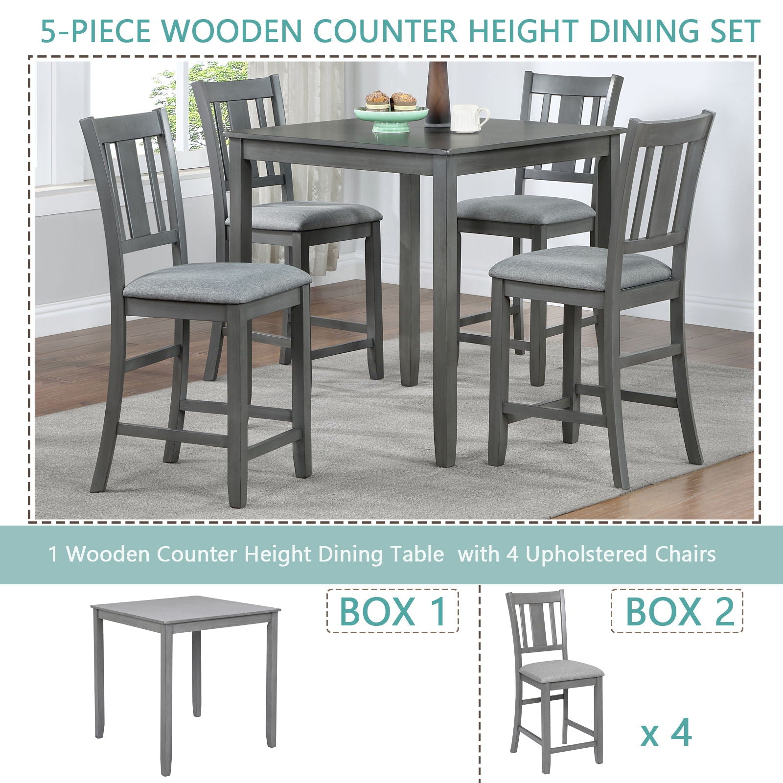 5 Pieces Dining Table Set, Counter Height Kitchen Table Set With Square Table And 4 Upholstered Chairs - Best Buy Furniture
