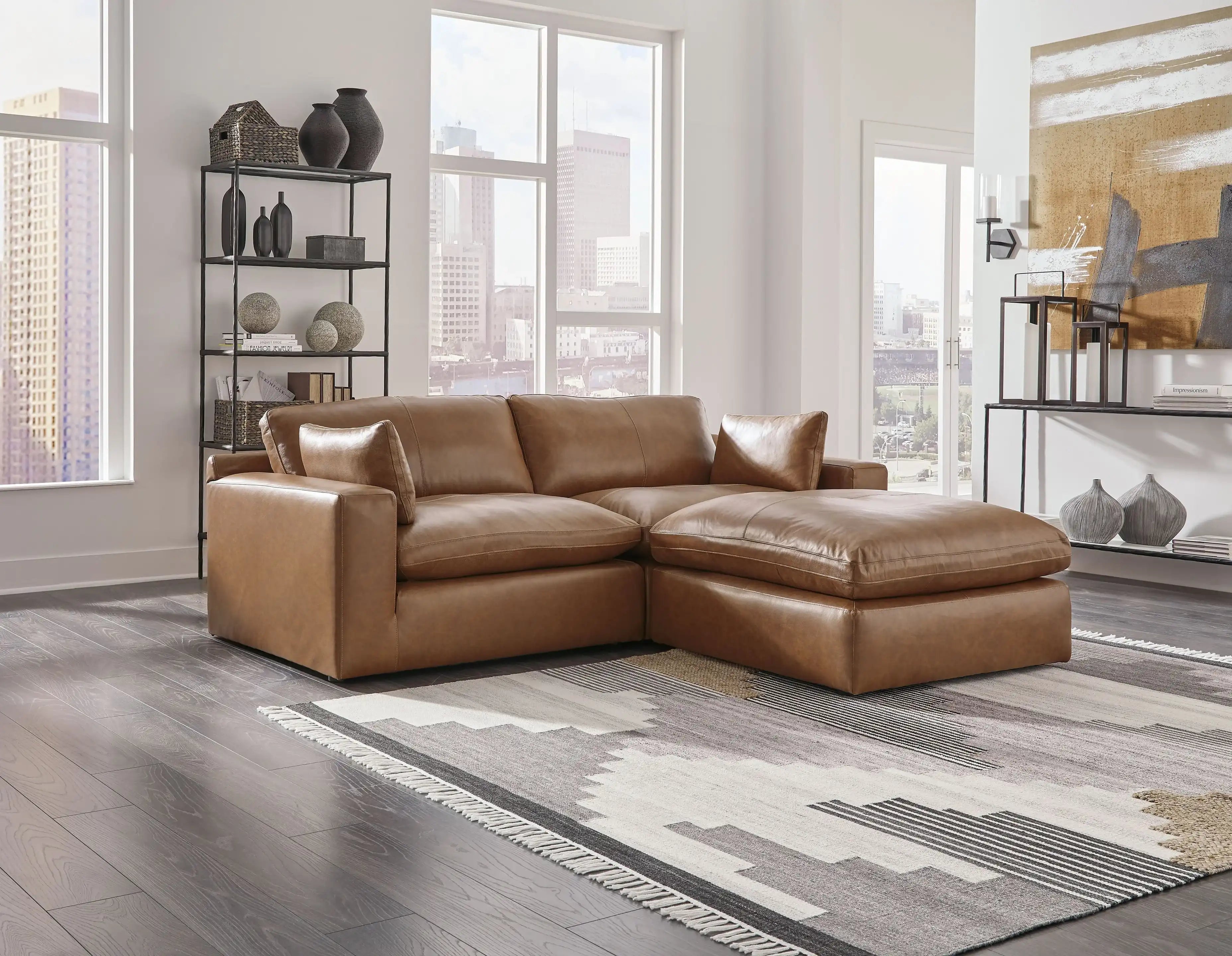 Emilia - 3 Pc. - 2-Piece Sectional Loveseat, Ottoman - Caramel - Best Buy Furniture