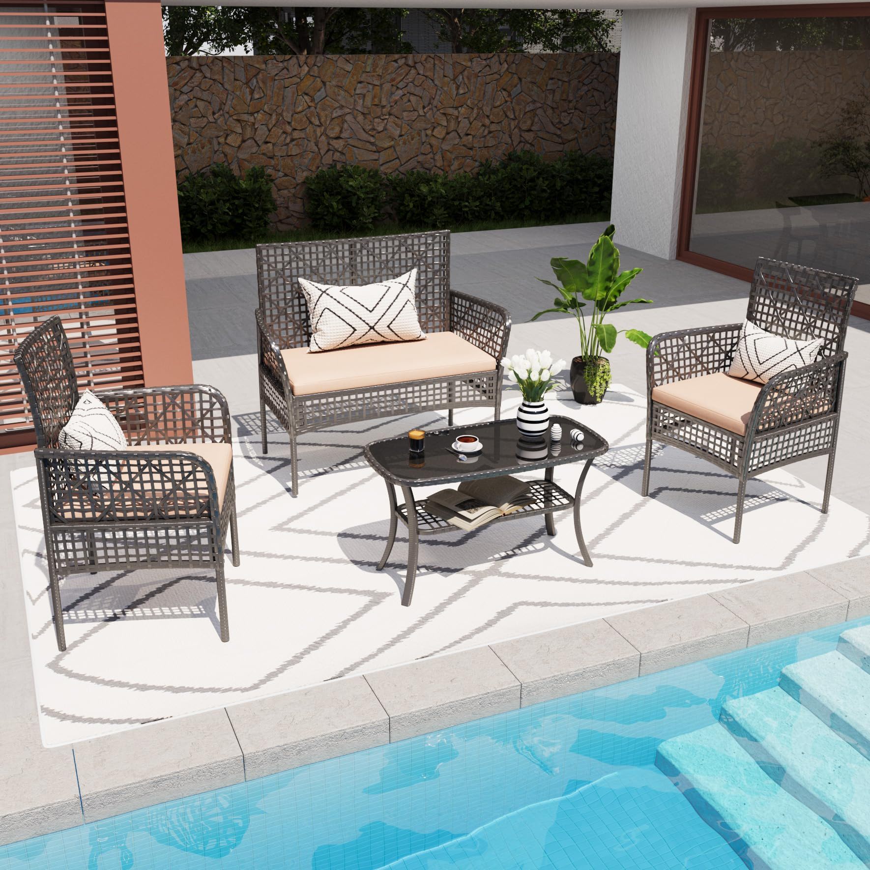 4 Pieces Rattan Wicker Chairs With Tempered Glass Table And Cushions - Best Buy Furniture