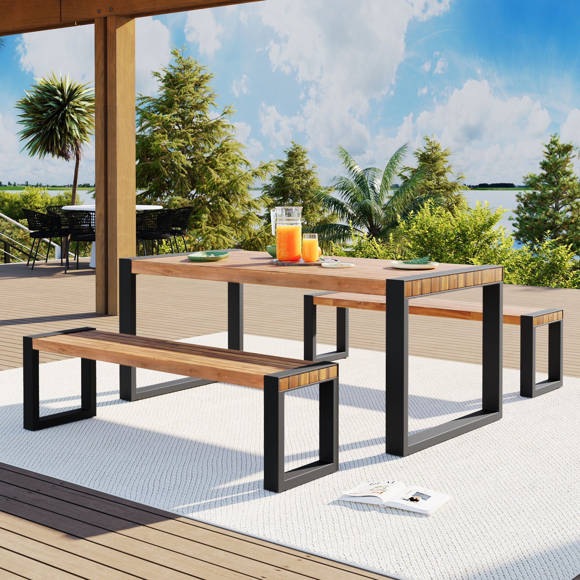 3 Pieces Outdoor Dining Table With 2 Benches, Patio Dining Set With Unique Top Texture, Acacia Wood Top & Steel Frame, All Weather Use, For Outdoor & Indoor - Natural - Best Buy Furniture