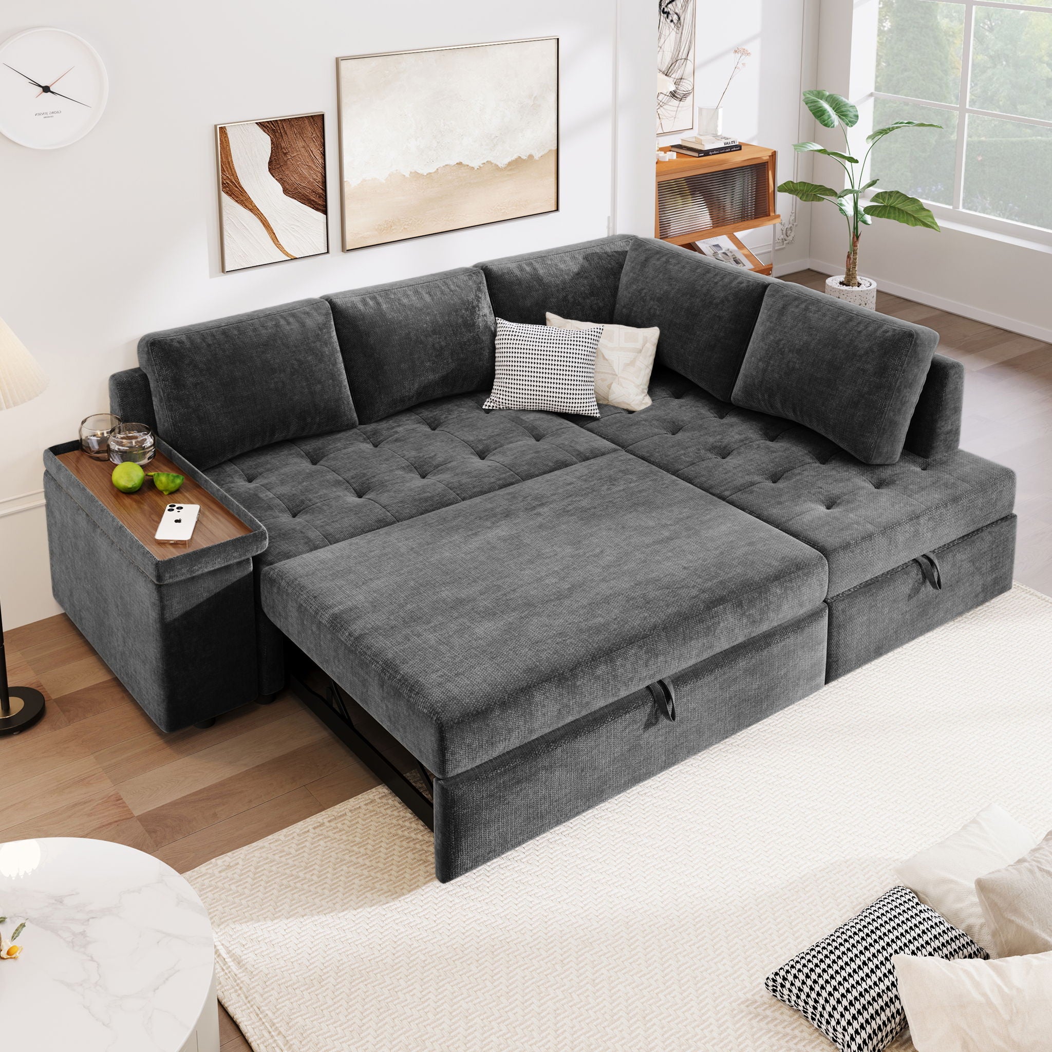 L Shaped Couch With Pull Out Bed And Storage Sectional Sleeper Sofa With Hidden Storage, Wide Armrest With Storage, For Living Room, Apartment, Bedroom, Office - Best Buy Furniture