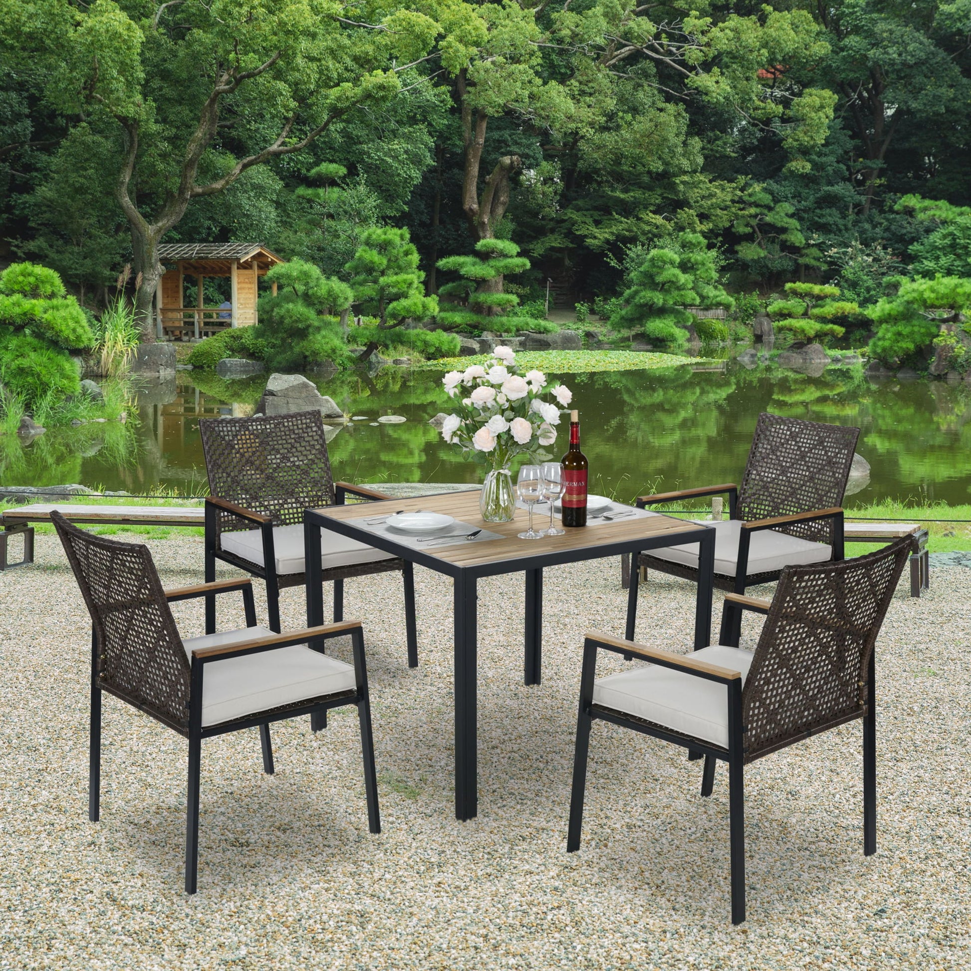 5 Piece Patio Dining Table Set, Acacia Wood Table Top With Umbrella Hole - Best Buy Furniture