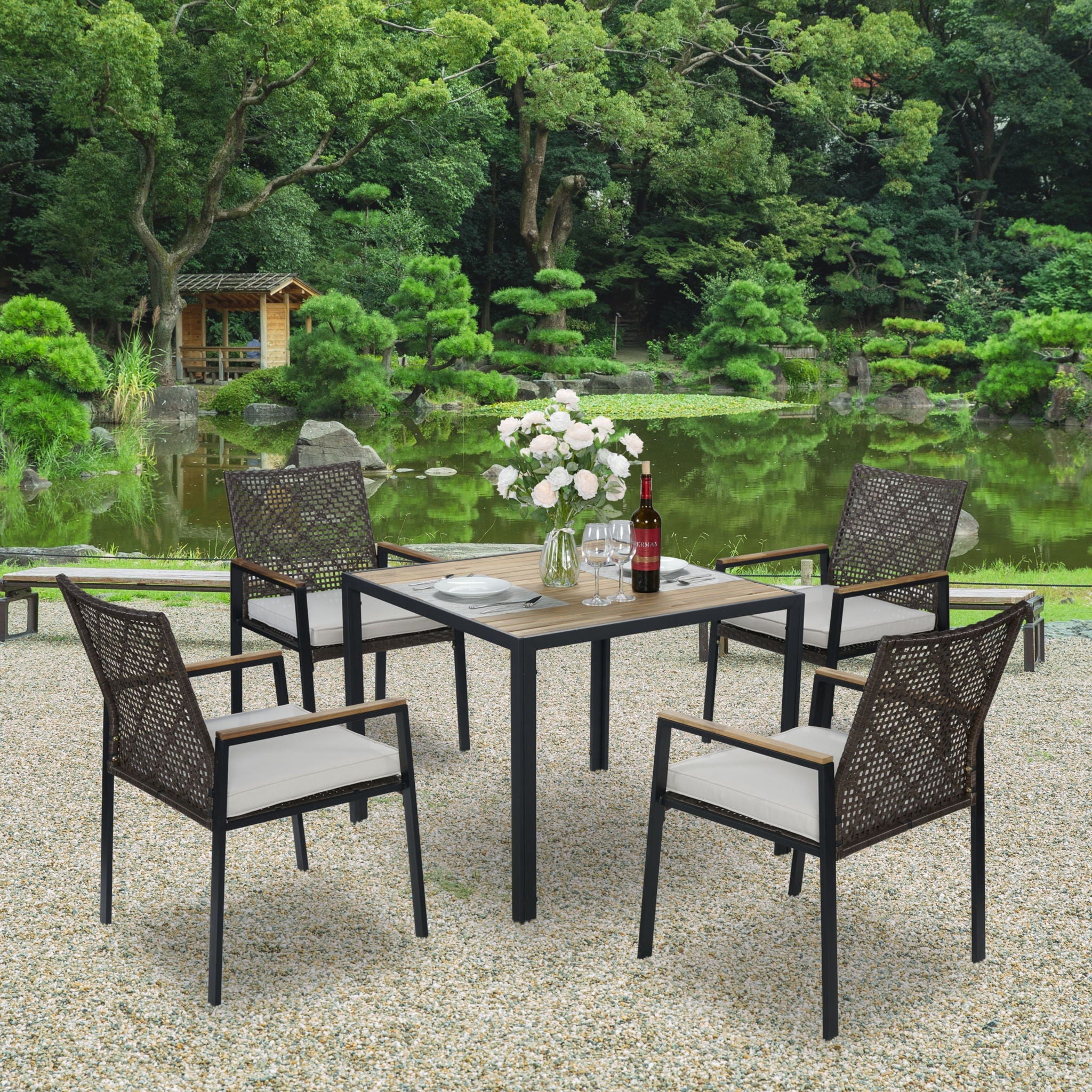 5 Piece Patio Dining Table Set, Acacia Wood Table Top With Umbrella Hole - Best Buy Furniture