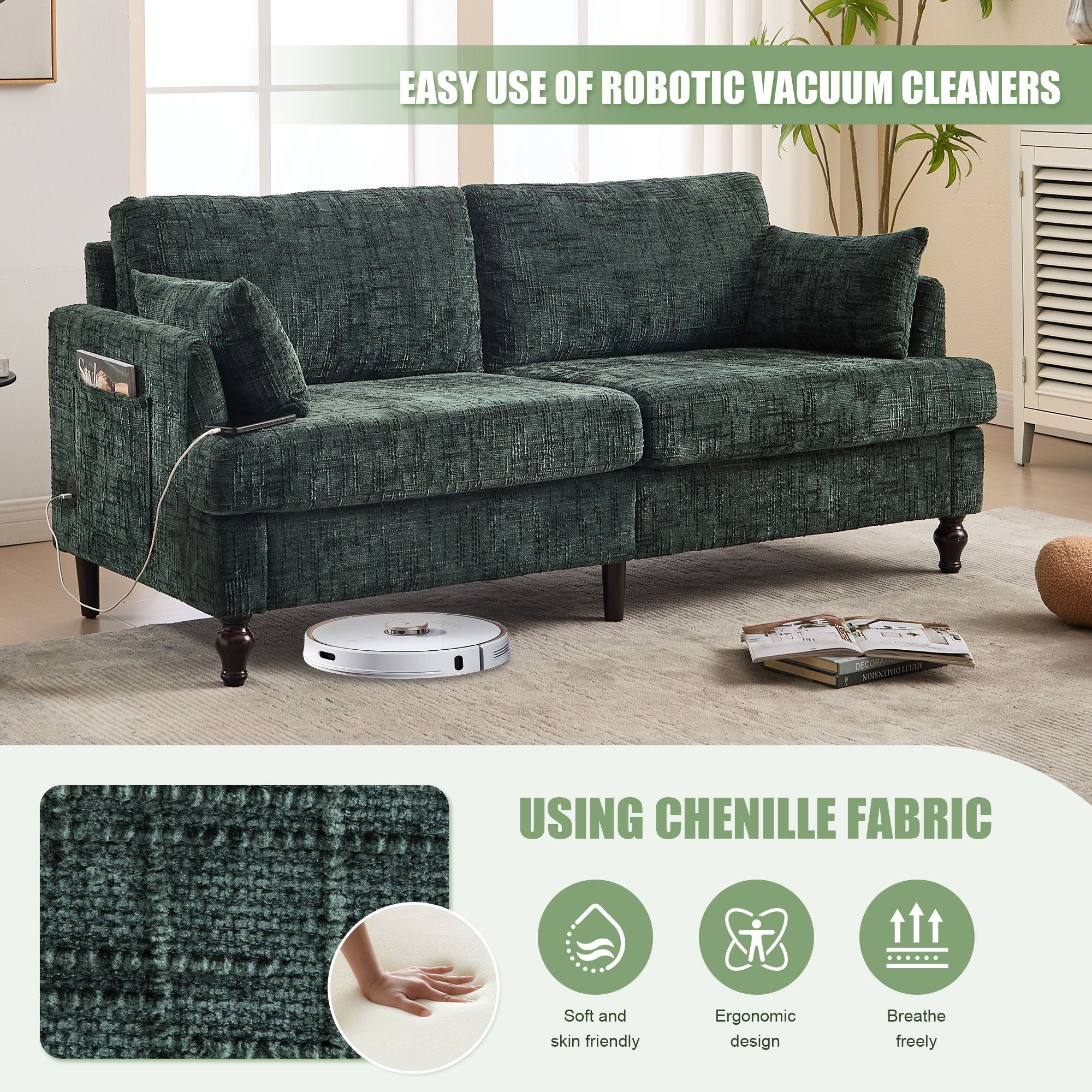 Chenille 2 Seater Sofa With LED Light, USB Charging Port, And Storage Bag - Best Buy Furniture