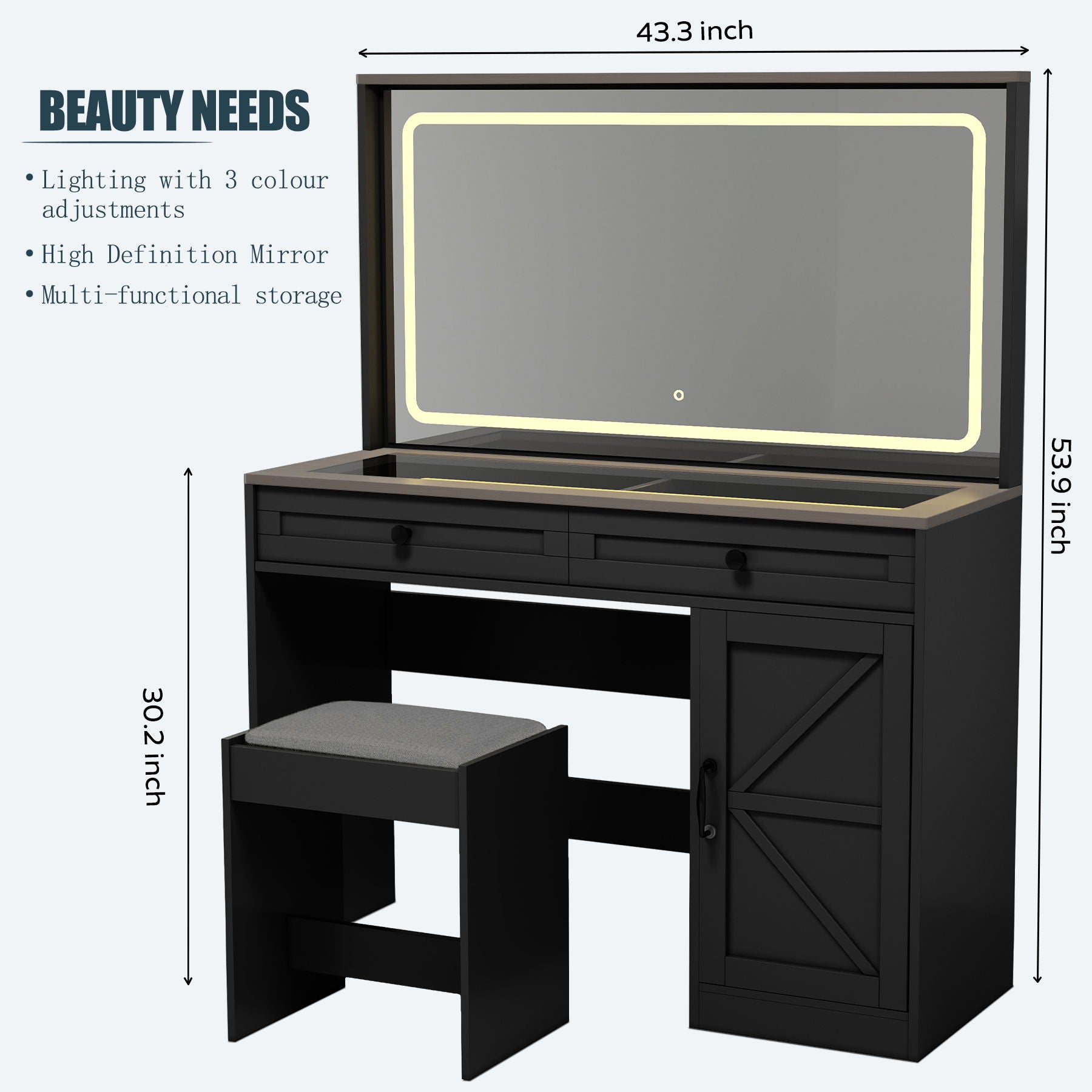 Makeup Vanity Table, Makeup Table With Large Mirror And LED Light Strip, Brightness Adjustable, Dressing Table Desk With 3 Drawers, Vanity Desk For Women (With Stool) - Best Buy Furniture