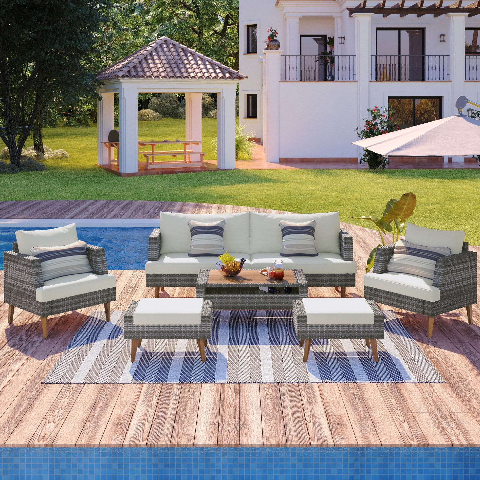 6 Pieces All Weather Sofa Set, Outdoor Rattan Sofa With Double Cushions - Best Buy Furniture