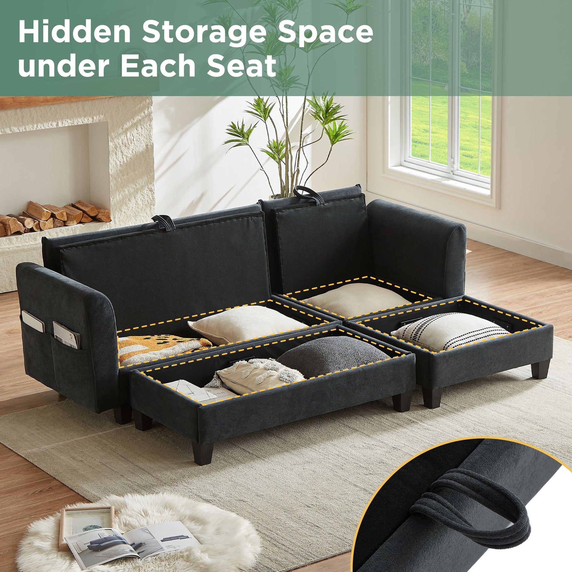 Upholstered L Shaped Sectional Sofa With Storage, Movable Ottoman, And 6 Throw Pillows - Best Buy Furniture