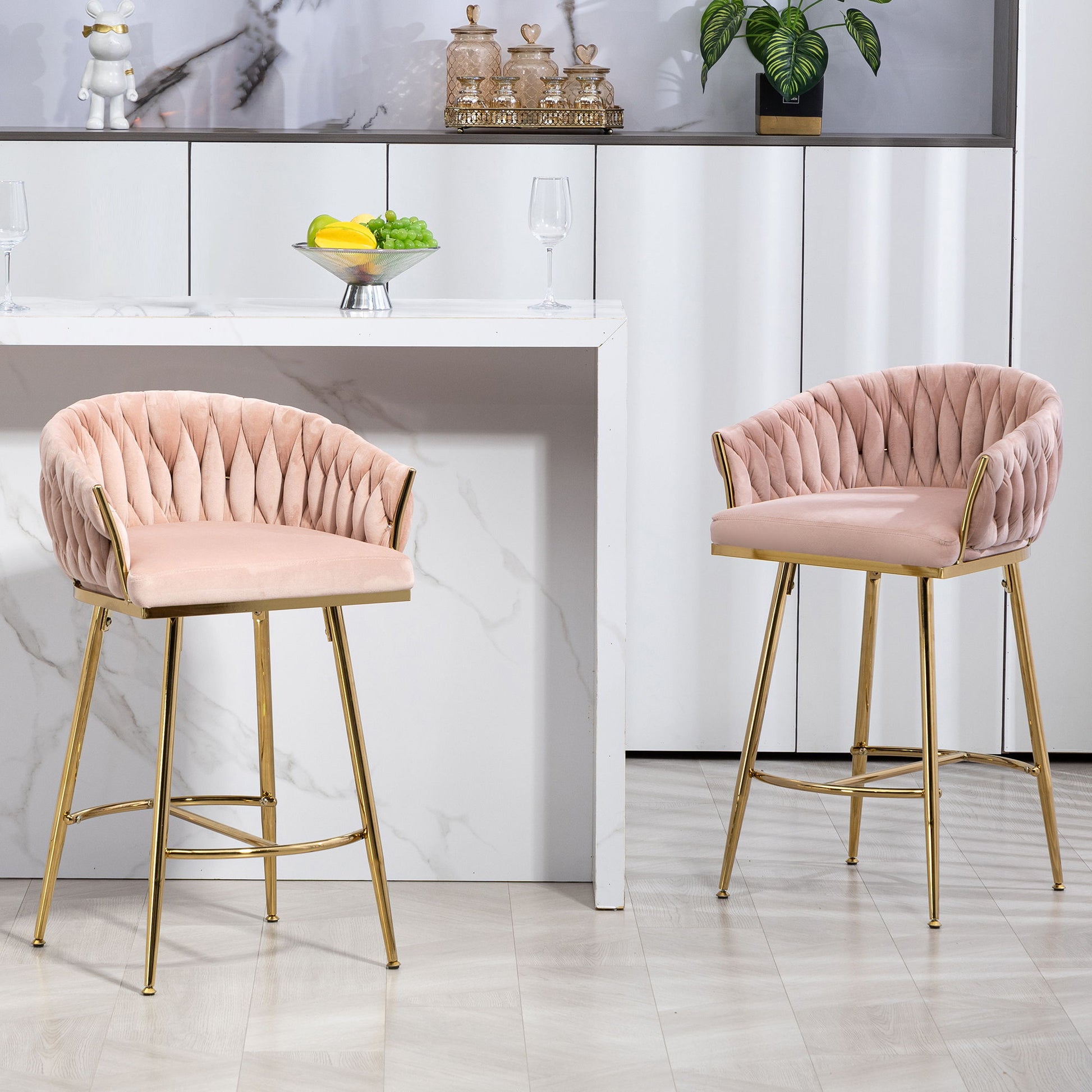 Counter Height Bar Stools Kitchen Island Counter Bar Stool With Hand - Wave Back, Golden Chromed Base And Footrest (Set of 2) - Pink - Best Buy Furniture