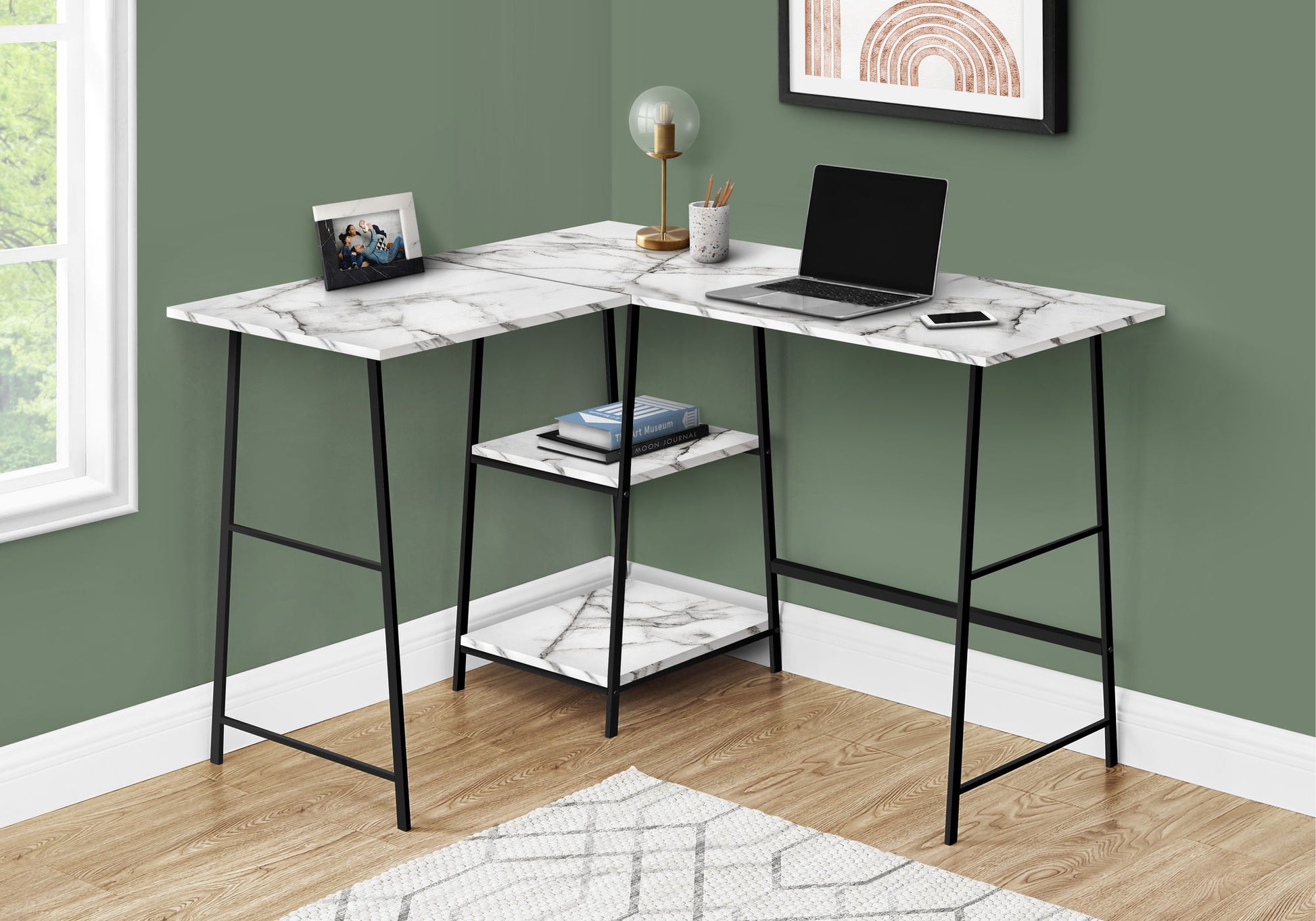 Computer Desk, Home Office, Corner, Storage Shelves, L Shape, Work, Laptop, Marble Look Laminate, Contemporary, Modern - Best Buy Furniture