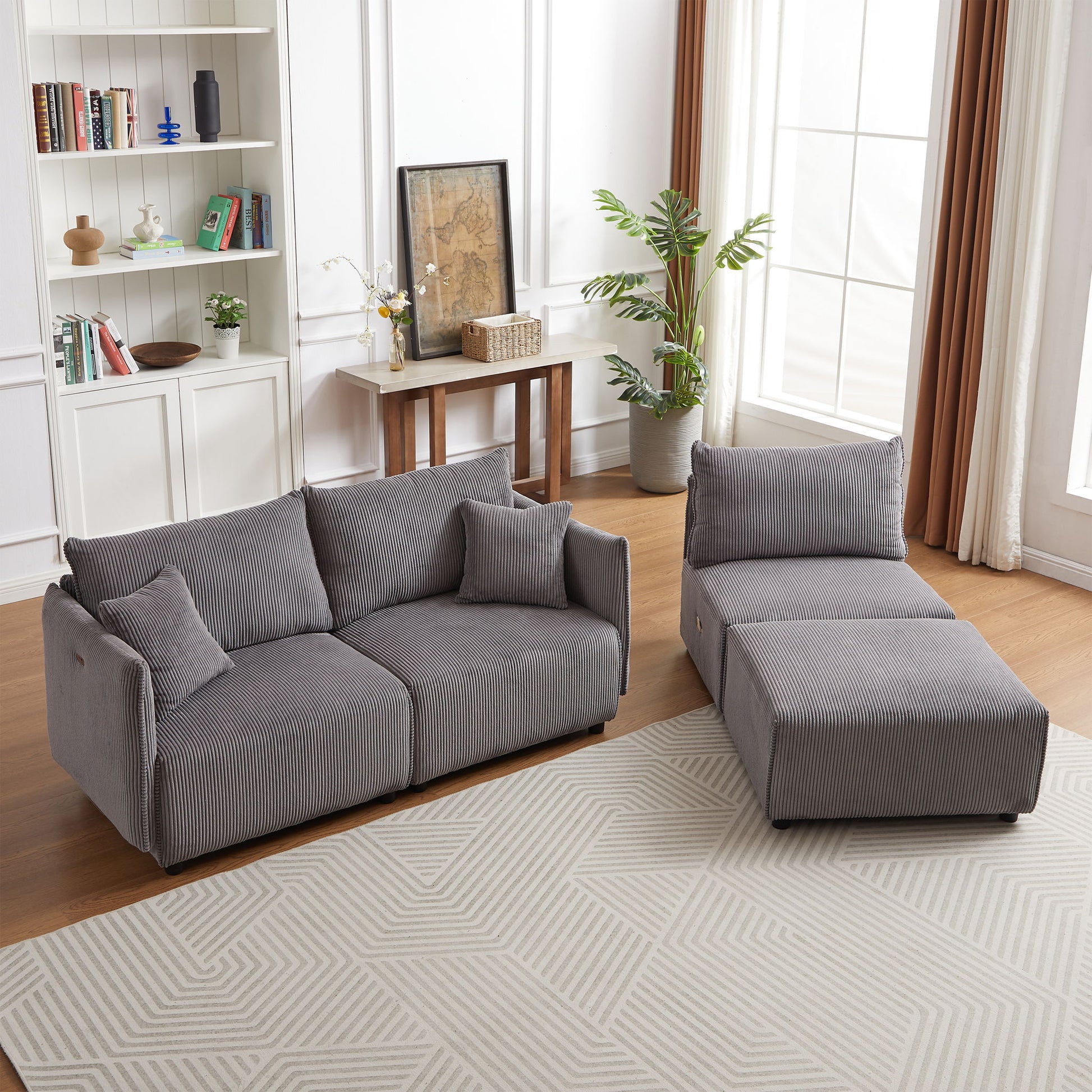 Modern Minimalist Corduroy Combination Sofa With 2 Comfort Cushions With USB & C Charging Ports - Best Buy Furniture