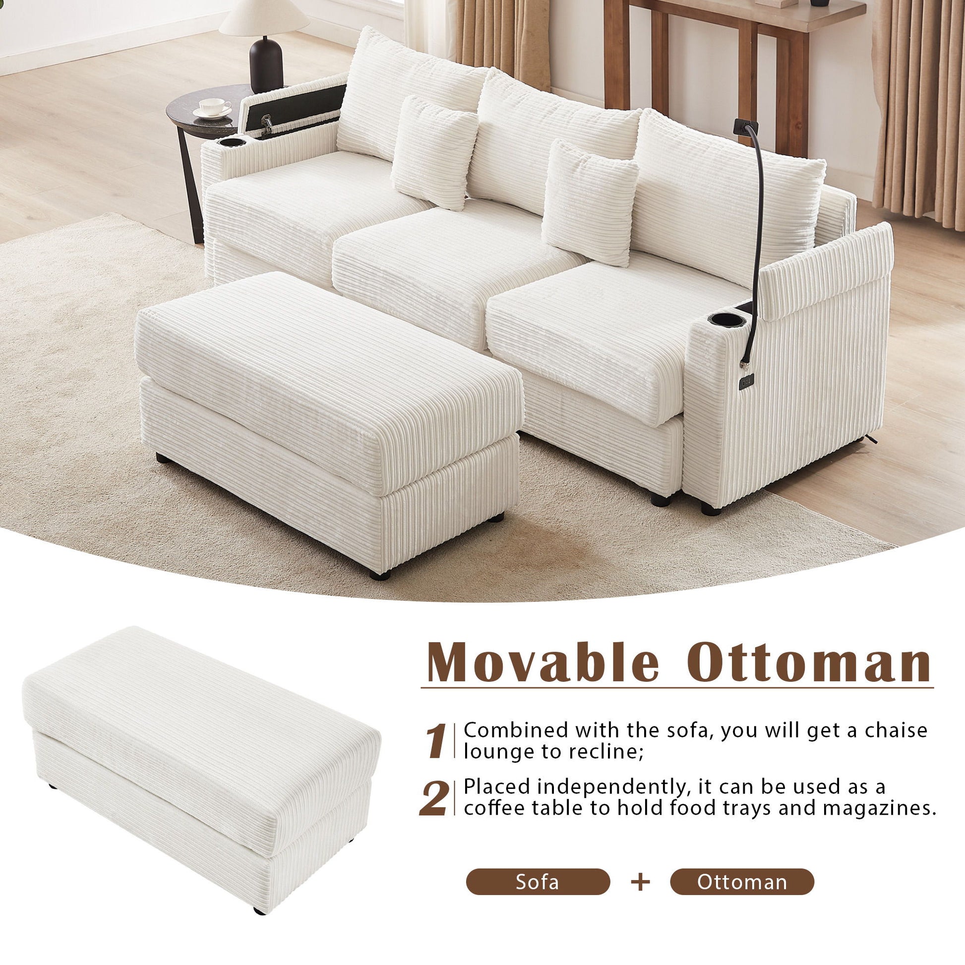 Modern Style Loveseat Sofa Sectional Sofa Couch With Storage Space, A Movable Ottoman, Two USB Ports, Two Cup Holders, A Phone Holder For Living Room - Best Buy Furniture