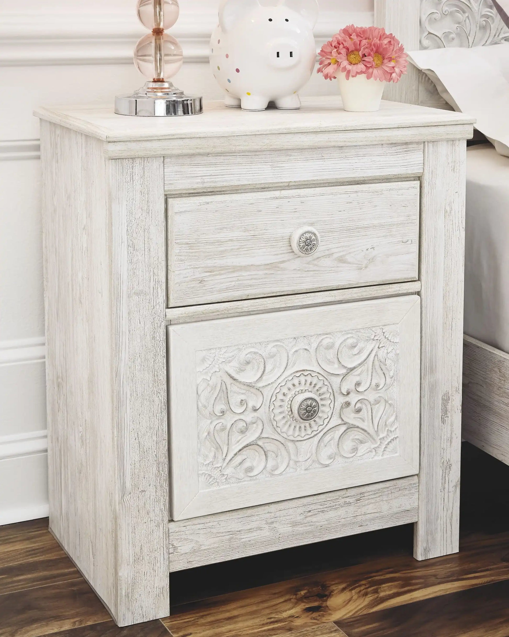 Paxberry - Two Drawer Night Stand - Whitewash - Best Buy Furniture