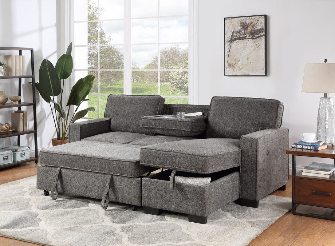 Estelle - Fabric Reversible Sleeper Sectional With Storage Chaise Drop-Down Table 2 Cup Holders And 2 USB Ports - Best Buy Furniture