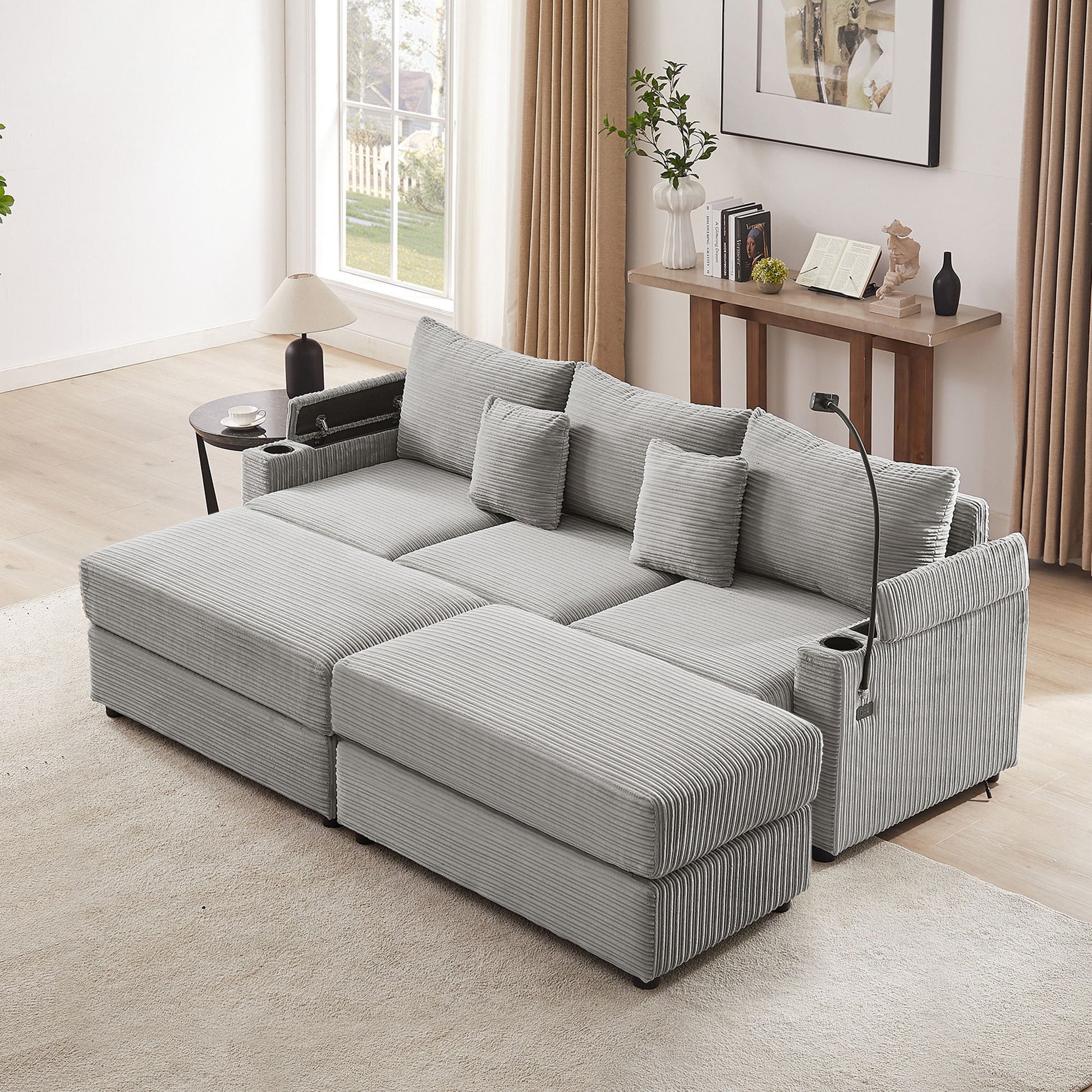 Modern Style Loveseat Sofa Sectional Sofa Couch With Storage Space, A Movable Ottoman, Two USB Ports, Two Cup Holders, A Phone Holder For Living Room - Best Buy Furniture