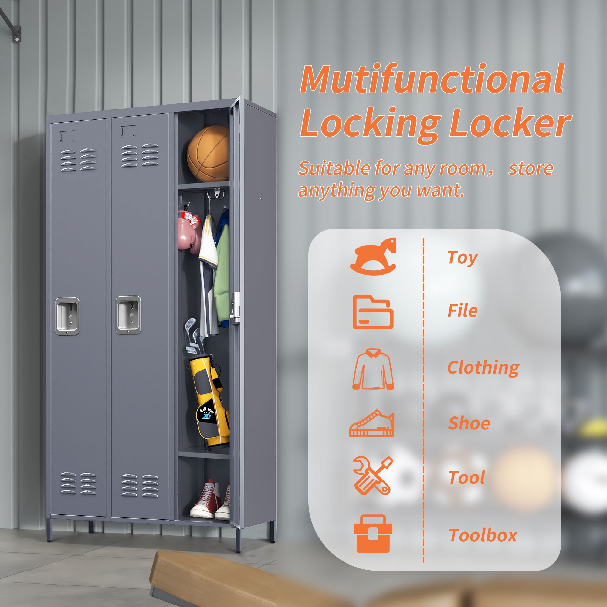 3 Door Lockers With Lock For Home, Gym, Office, School, And Garage - Gray - Best Buy Furniture