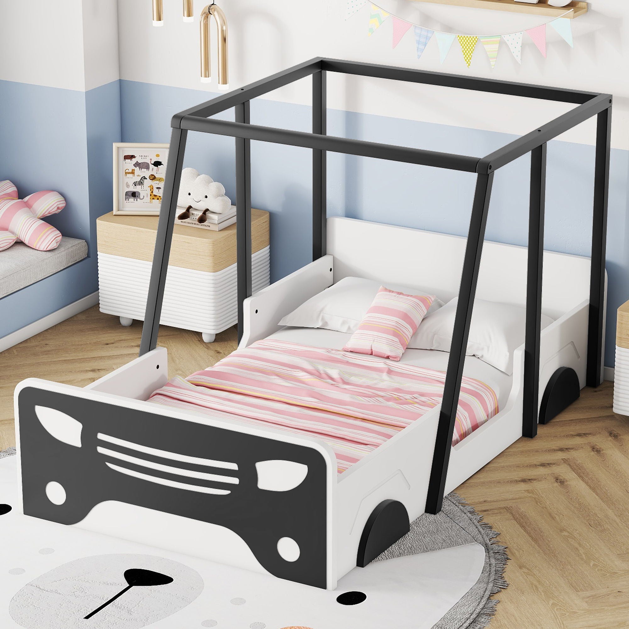 Twin Size Car-Shaped Bed With Roof, Wooden Twin Floor Bed With Wheels And Door Design, Montessori Inspired Bedroom - Best Buy Furniture