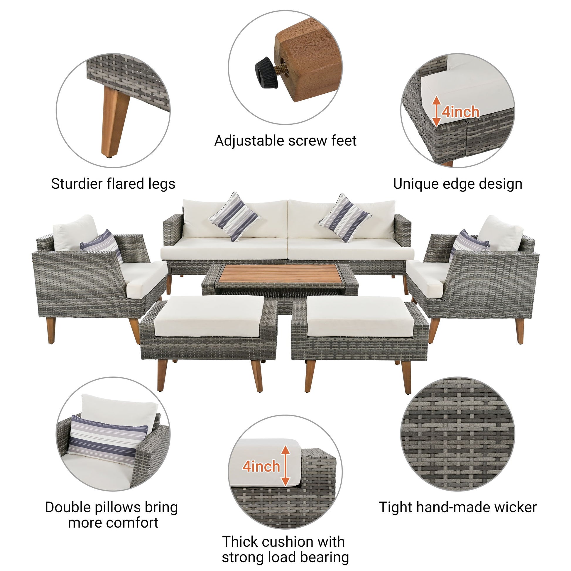 6 Pieces All Weather Sofa Set, Outdoor Rattan Sofa With Double Cushions - Best Buy Furniture