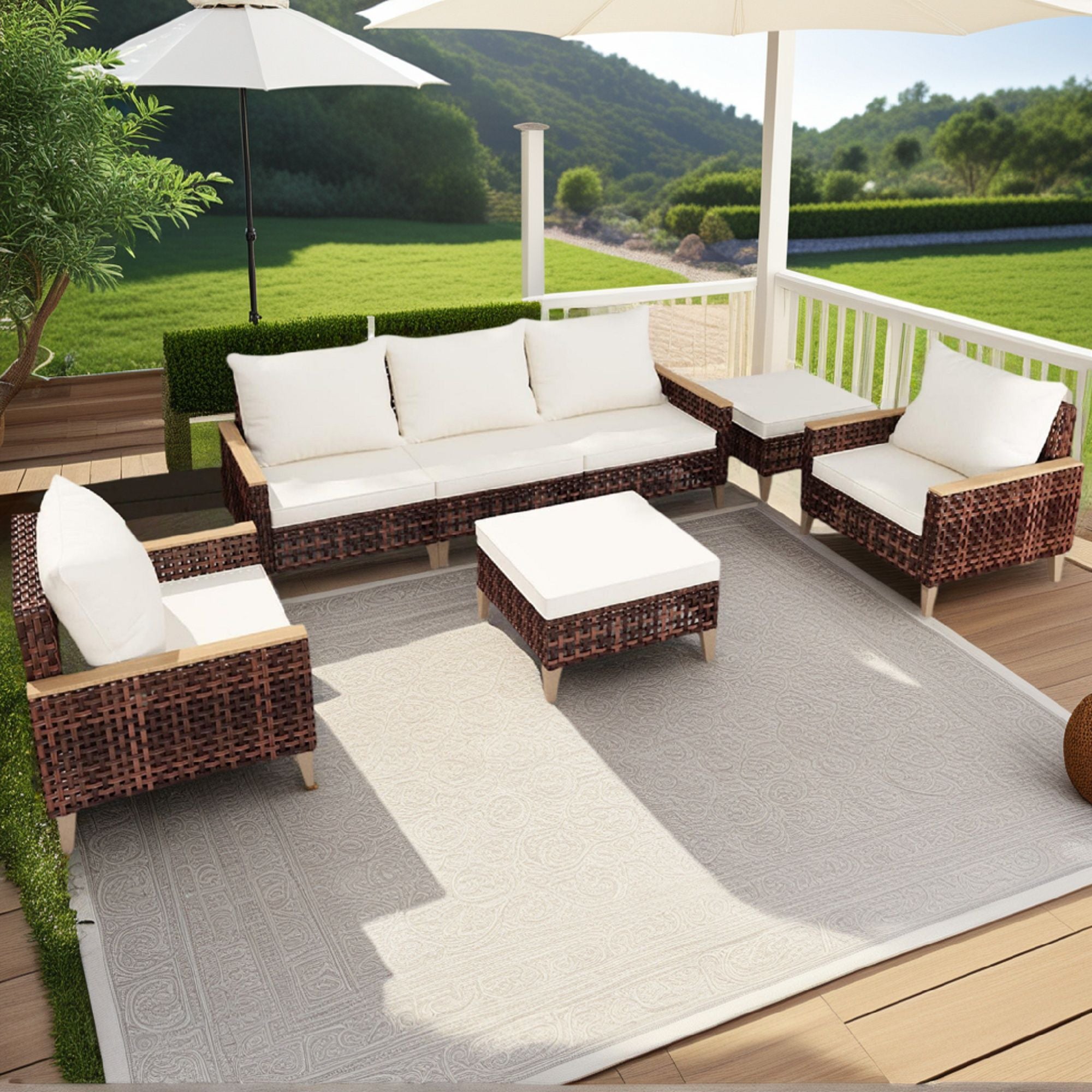 5 Piece Rattan Terrace Furniture Set, 7 Seats Cushions, High Footed Design - Best Buy Furniture