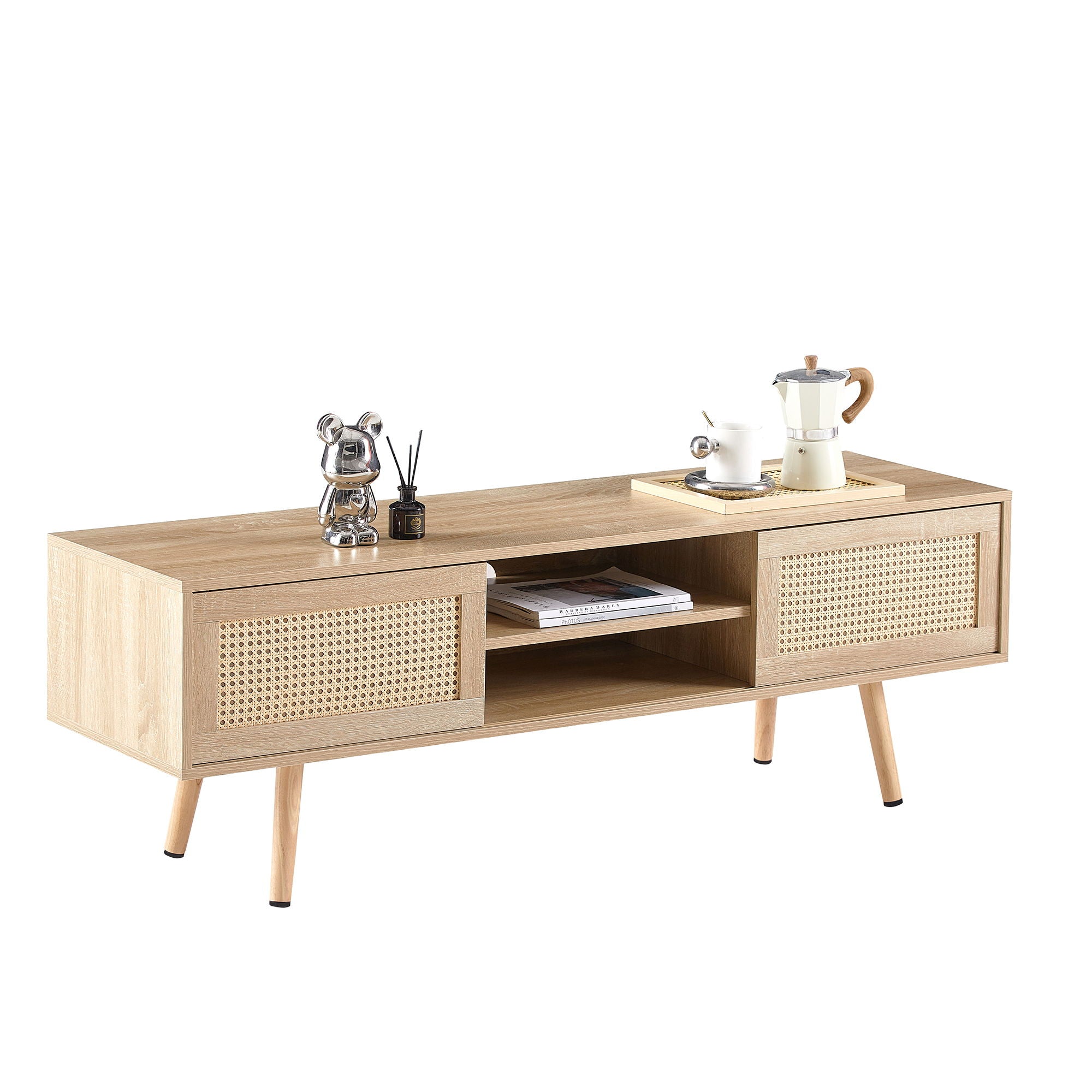 55.12" Rattan TV Cabinet, Double Sliding Doors For Storage, Adjustable Shelf, Solid Wood Legs, TV Console For Living Room - Best Buy Furniture