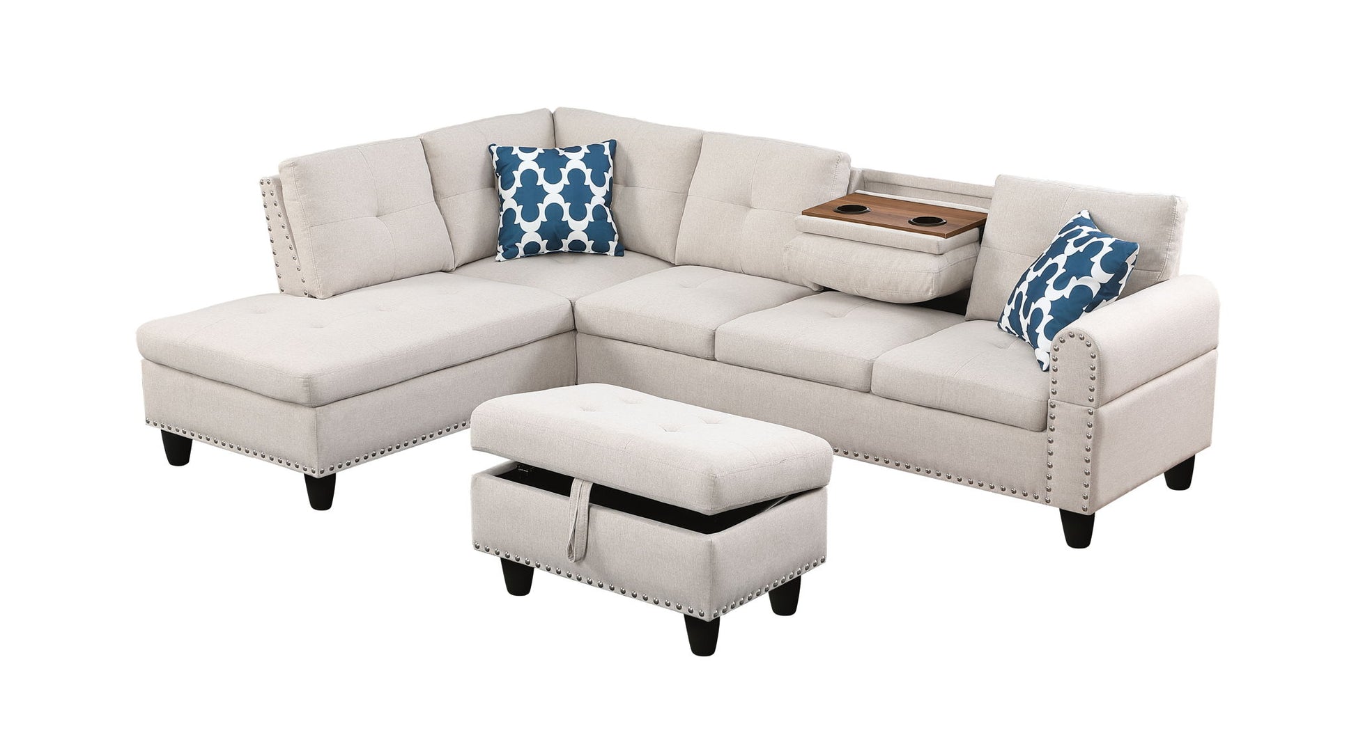 Alger - Wide Left Hand Facing Sofa & Chaise With Ottoman - Beige - Best Buy Furniture
