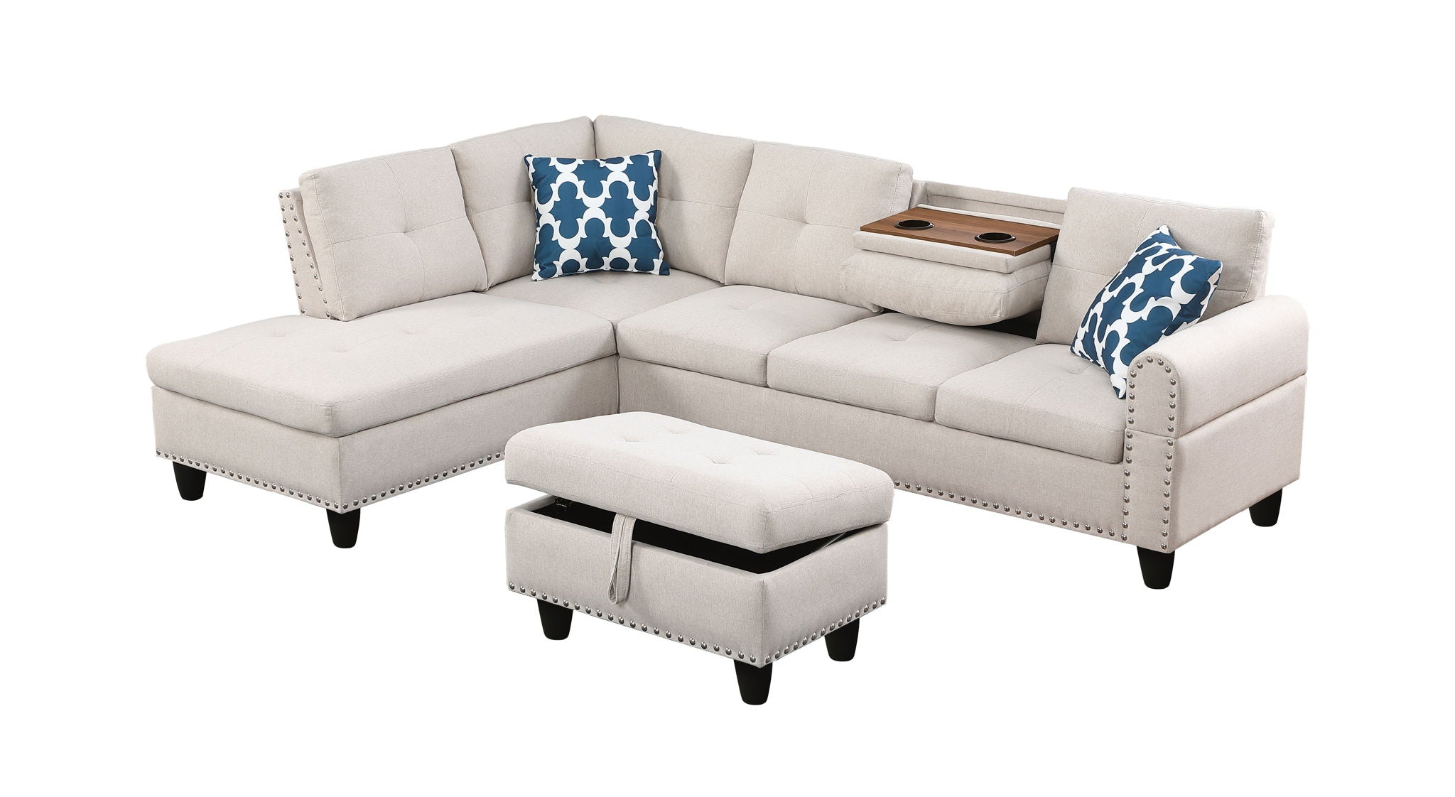 Alger - Wide Left Hand Facing Sofa & Chaise With Ottoman - Beige - Best Buy Furniture