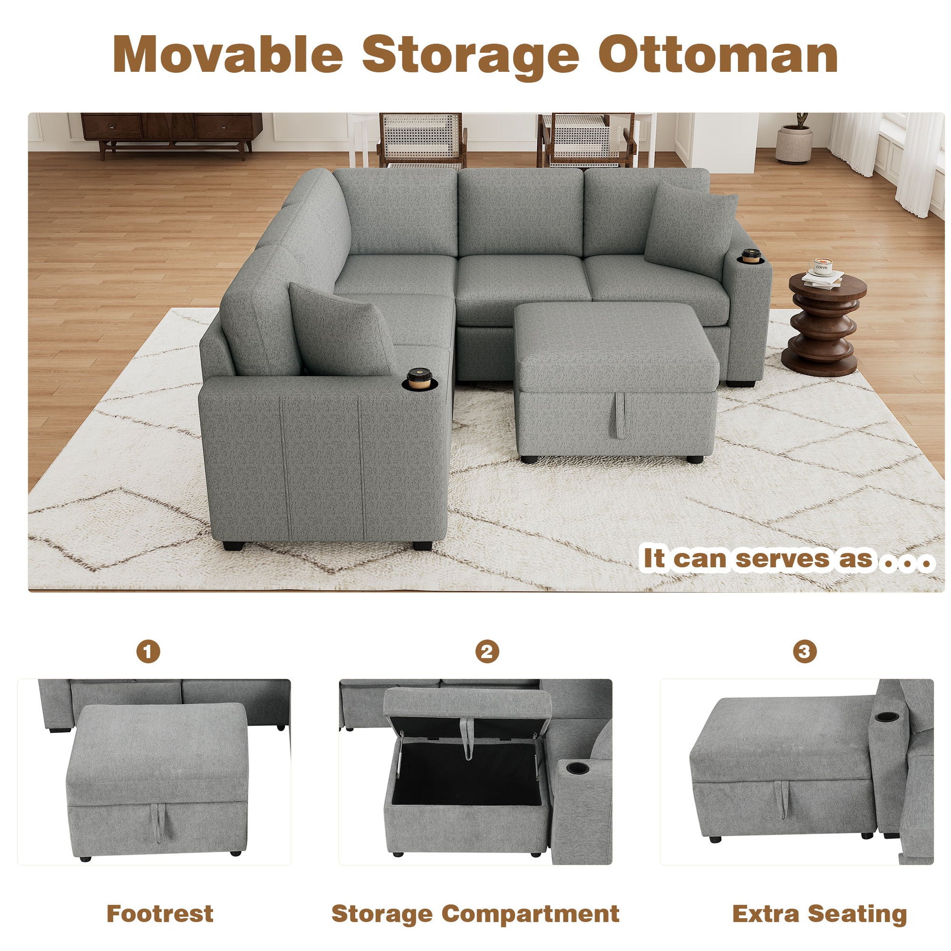 Sectional Sofa Convertible Pull-Out Sofa Bed With A Movable Storage Ottoman For Living Room - Best Buy Furniture