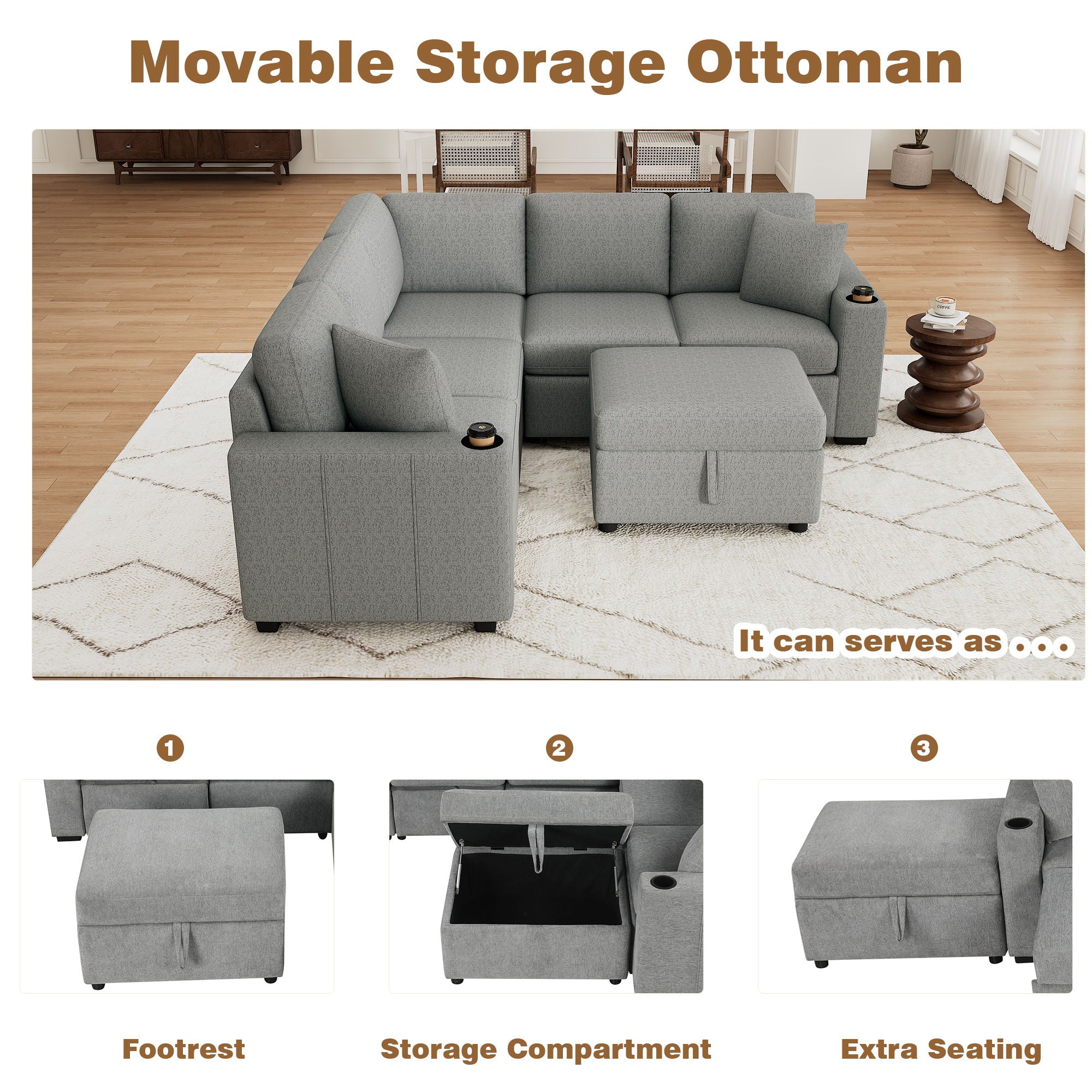 Sectional Sofa Convertible Pull-Out Sofa Bed With A Movable Storage Ottoman For Living Room - Best Buy Furniture