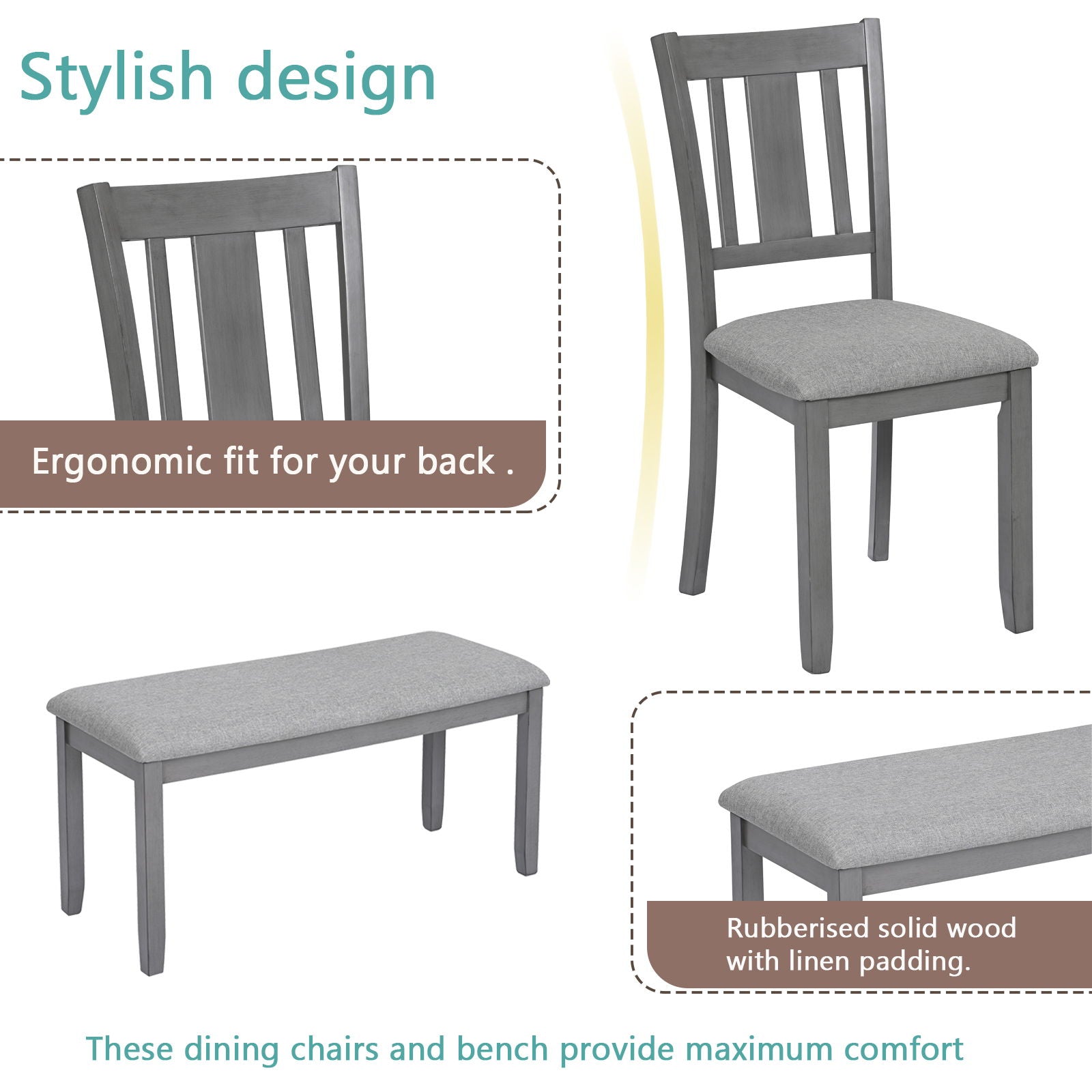 6 Pieces Kitchen Dining Set, Rectangular Wooden Dining Table With 4 Upholstered Chairs And A Bench - Best Buy Furniture
