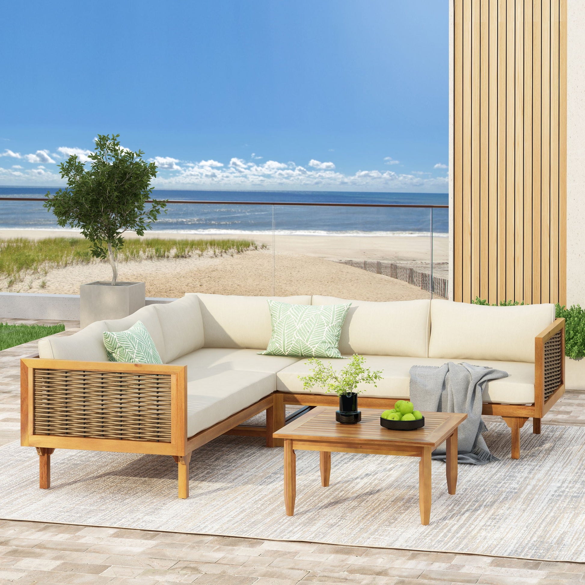 Premium Outdoor Sofa Set With Waterproof Cushions Sectional Seating Group With Acacia Wood And Wicker - Brown Mix / Beige - Best Buy Furniture