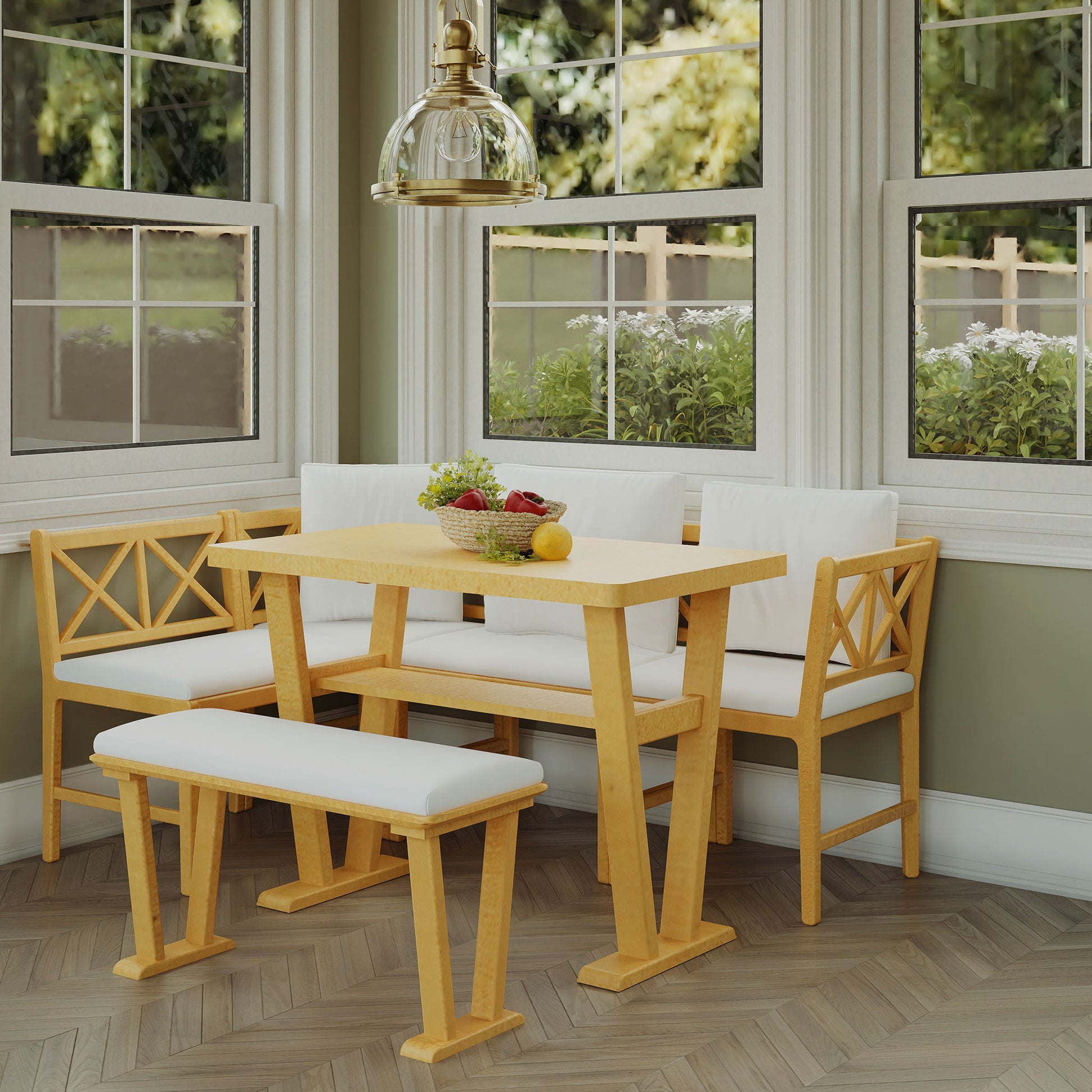 Farmhouse Solid Wood Dining Nook Set For 6, Space Saving High Top Corner Table With Bench & Chairs - Natural / White - Best Buy Furniture