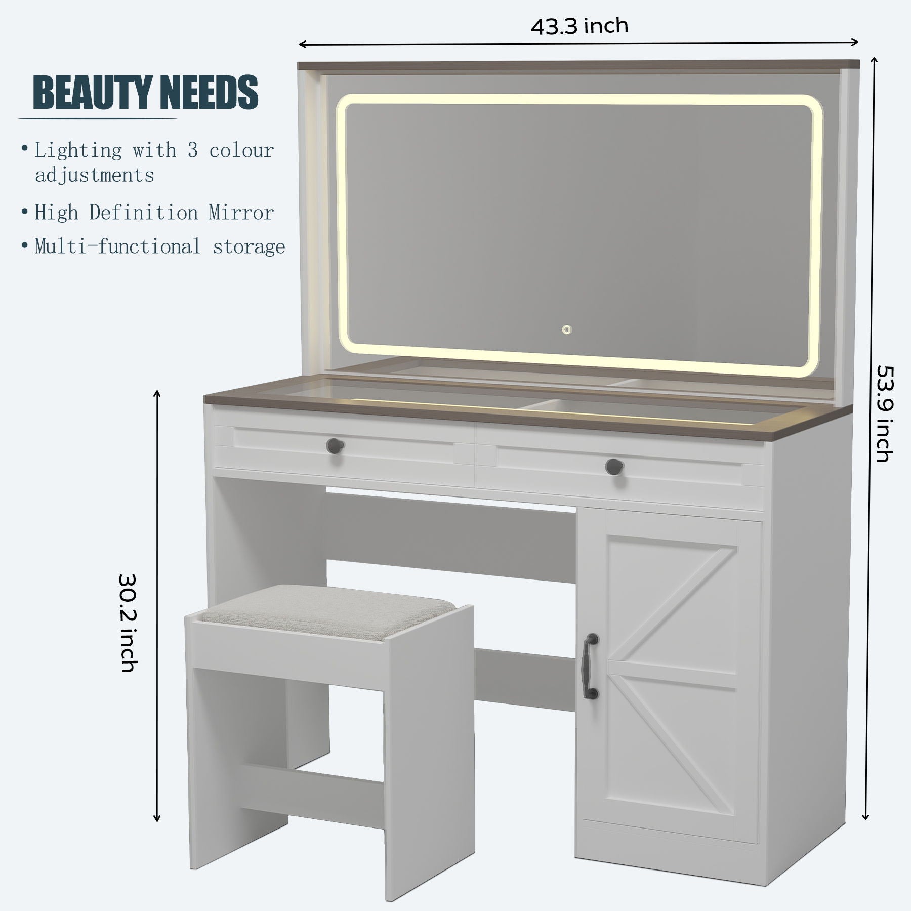 Makeup Vanity Table, Makeup Table With Large Mirror And LED Light Strip, Brightness Adjustable, Dressing Table Desk With 3 Drawers, Vanity Desk For Women (With Stool) - Best Buy Furniture
