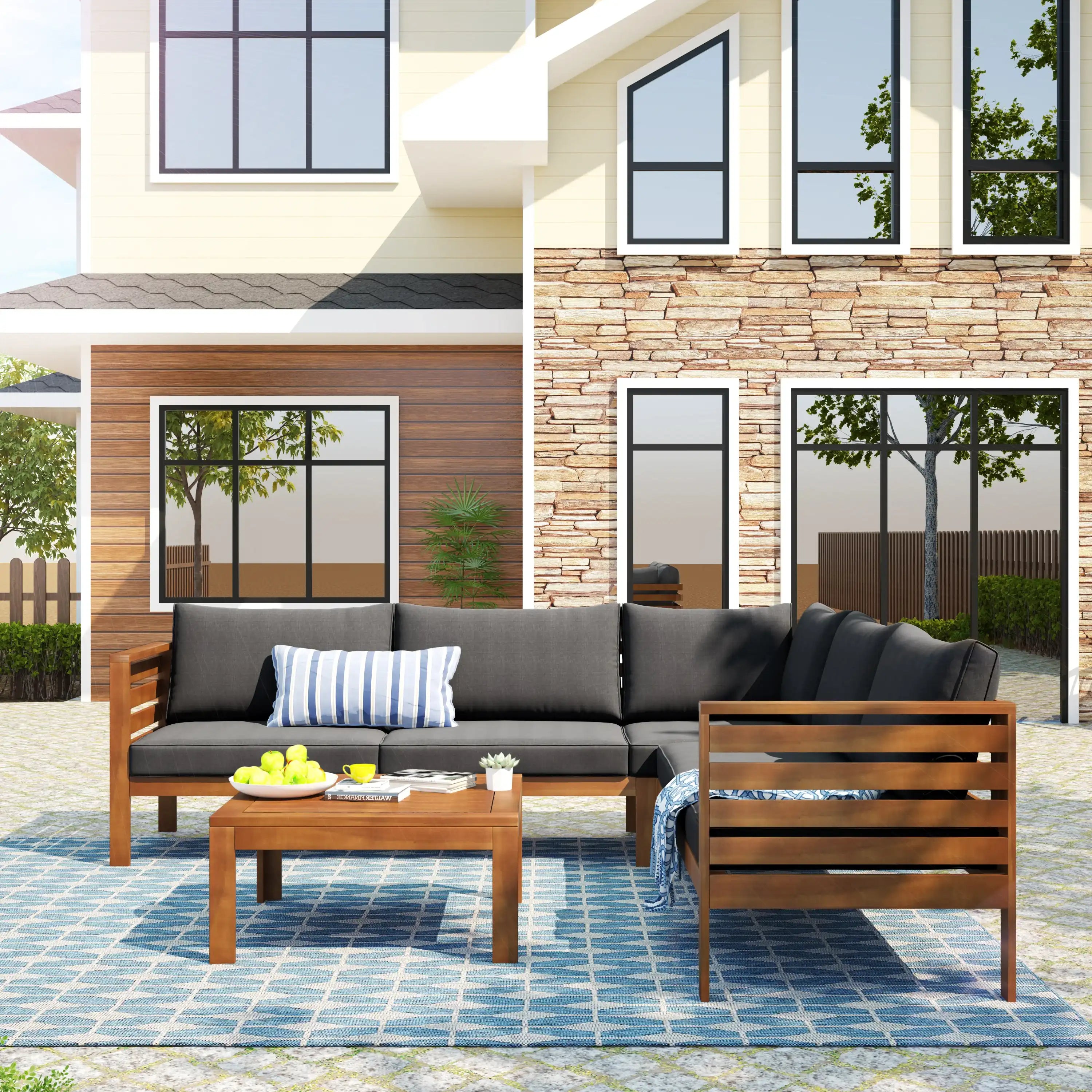 Modern Outdoor Sectional Set with gray Cushions Water-resistant and UV Protected High quality acacia wood - Best Buy Furniture