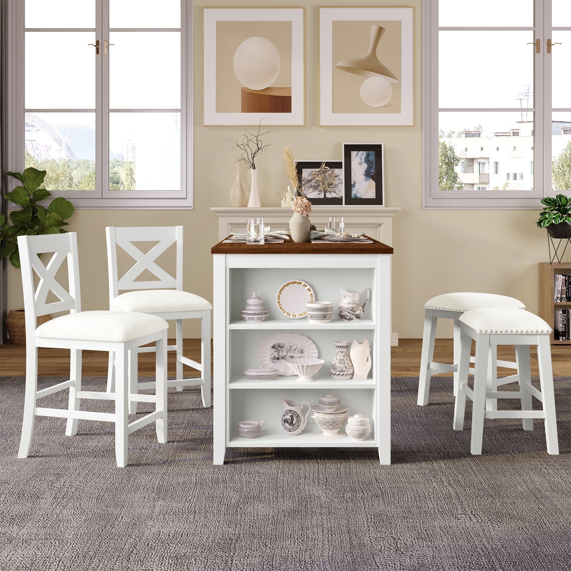 5 Pieces Counter Height Rustic Farmhouse Dining Room Wooden Bar Table Set With 2 Stools And 2 Chairs - Best Buy Furniture