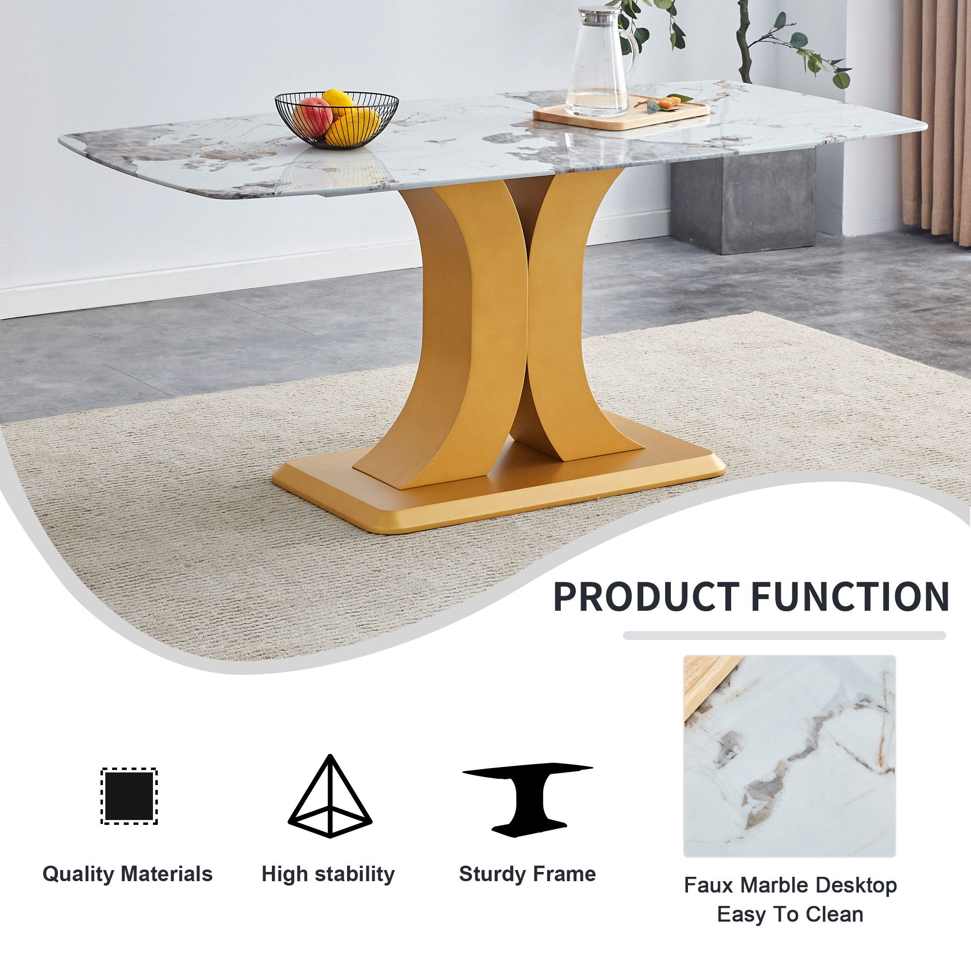 Modern Minimalist Dining Table With Imitation Marbled Glass Top And Legs For Kitchen And Living Room - Gold - Best Buy Furniture