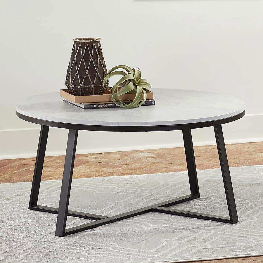 Hugo - Round Faux Marble Coffee Table - White And Matte Black - Best Buy Furniture