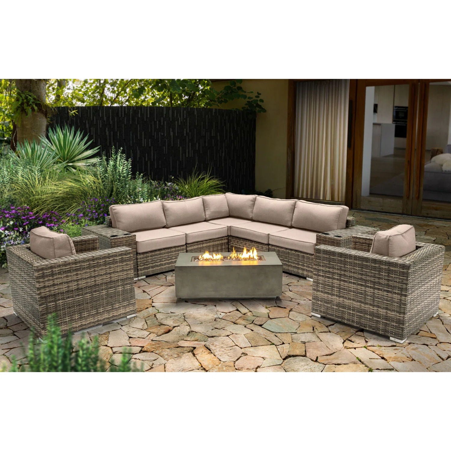 Rattan Wicker Patio Set With Cushions And Concrete Fire Pit - Best Buy Furniture