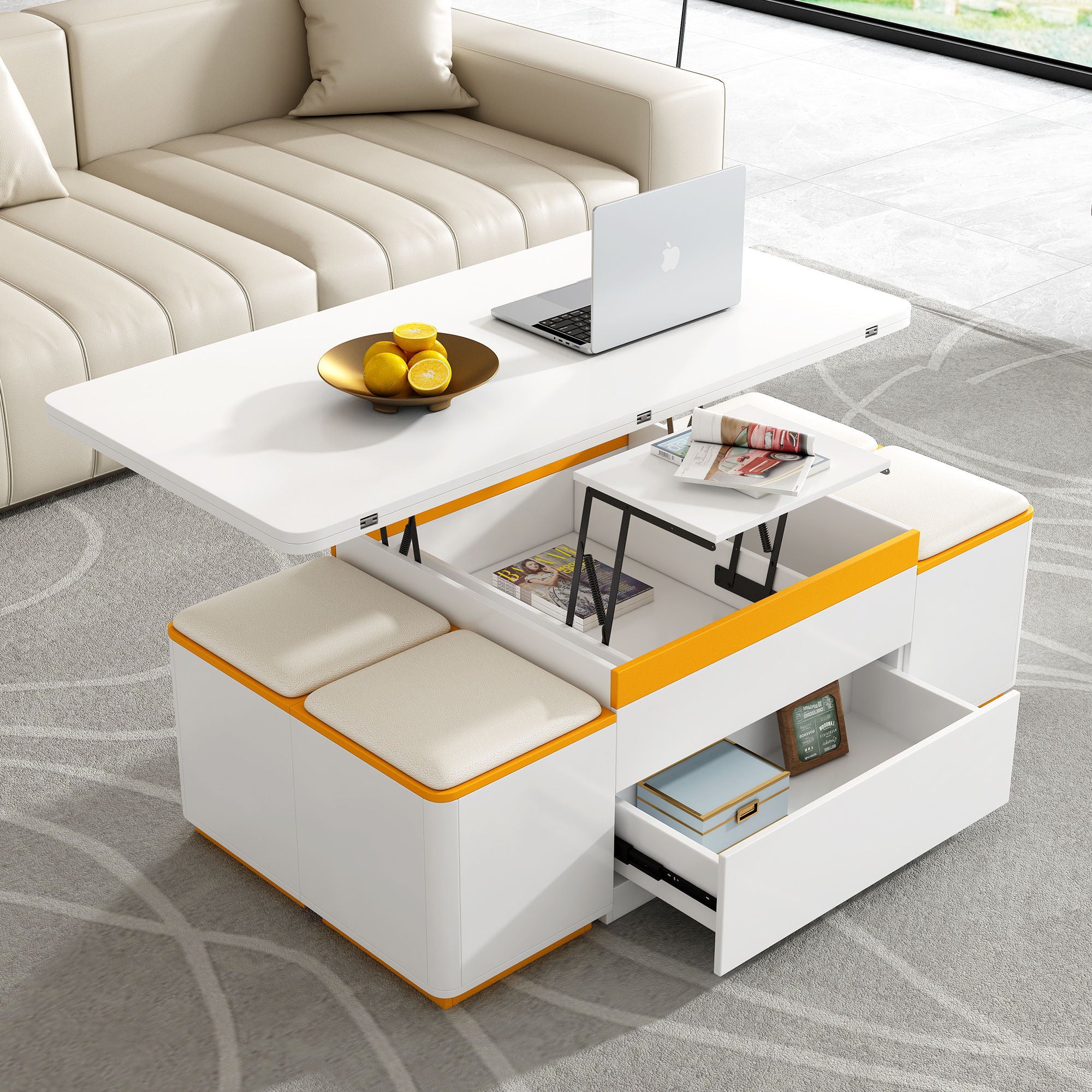 Multi Functional Adjustable Coffee Table With 4 Storage Stools - Best Buy Furniture