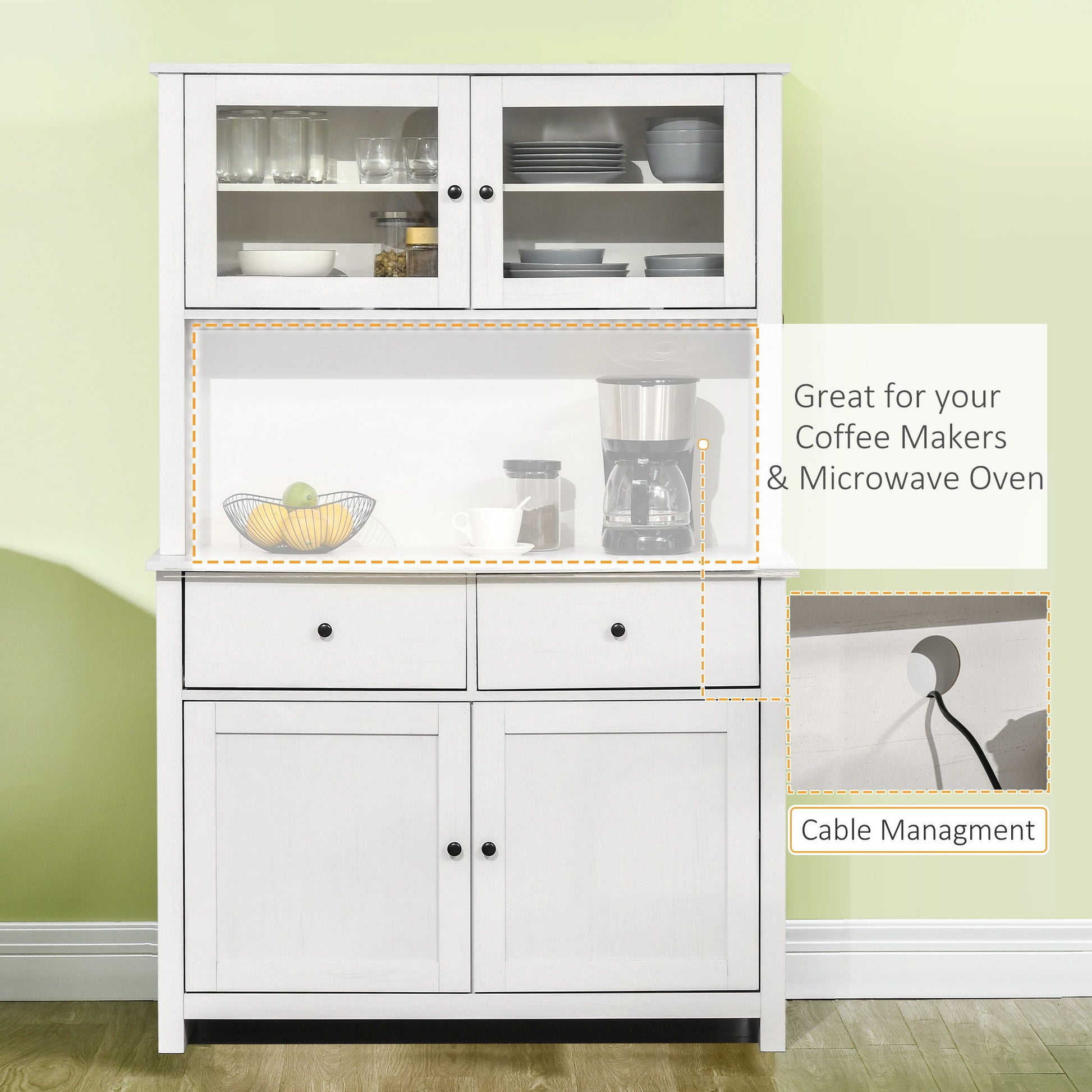 Homcom - 63.5" Kitchen Buffet With Hutch, Pantry Storage Cabinet With 4 Shelves, Drawers, Framed Glass Doors, Open Microwave Countertop - Antique White - Best Buy Furniture