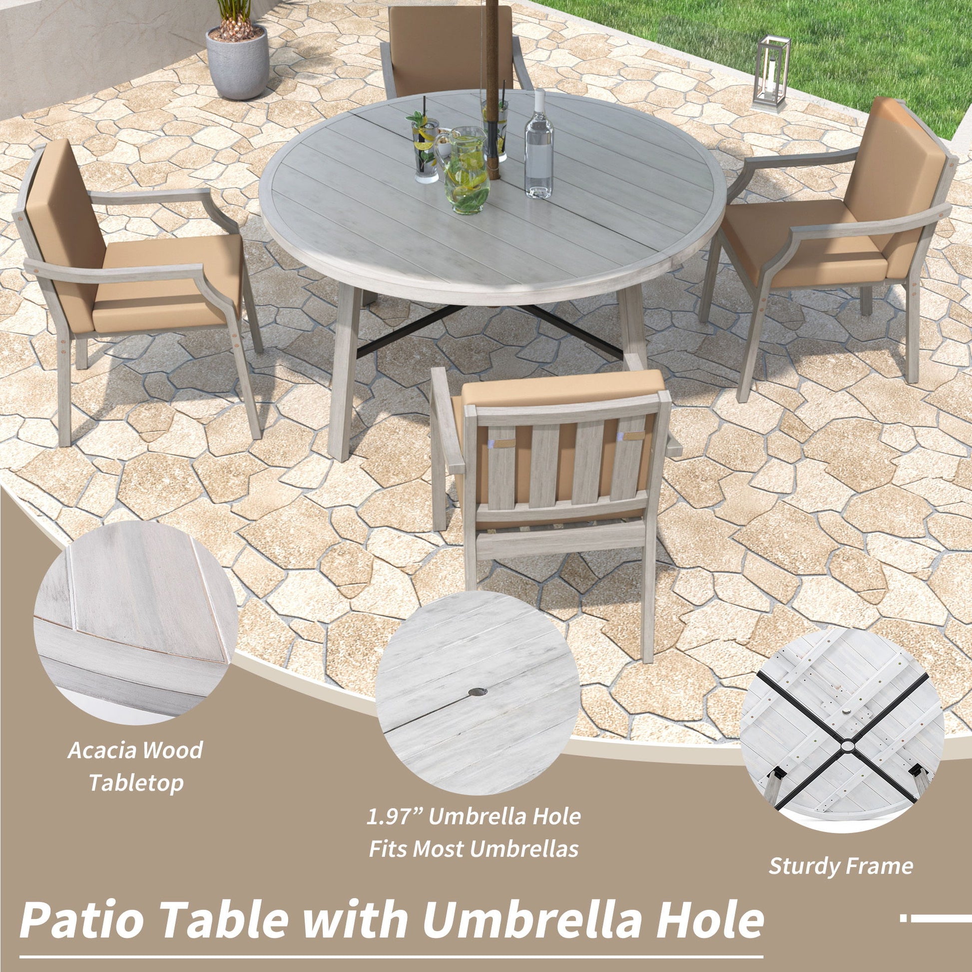 Outdoor Wooden Dinning Set With An Umbrella Hole And Removable Cushions For Patio - Best Buy Furniture